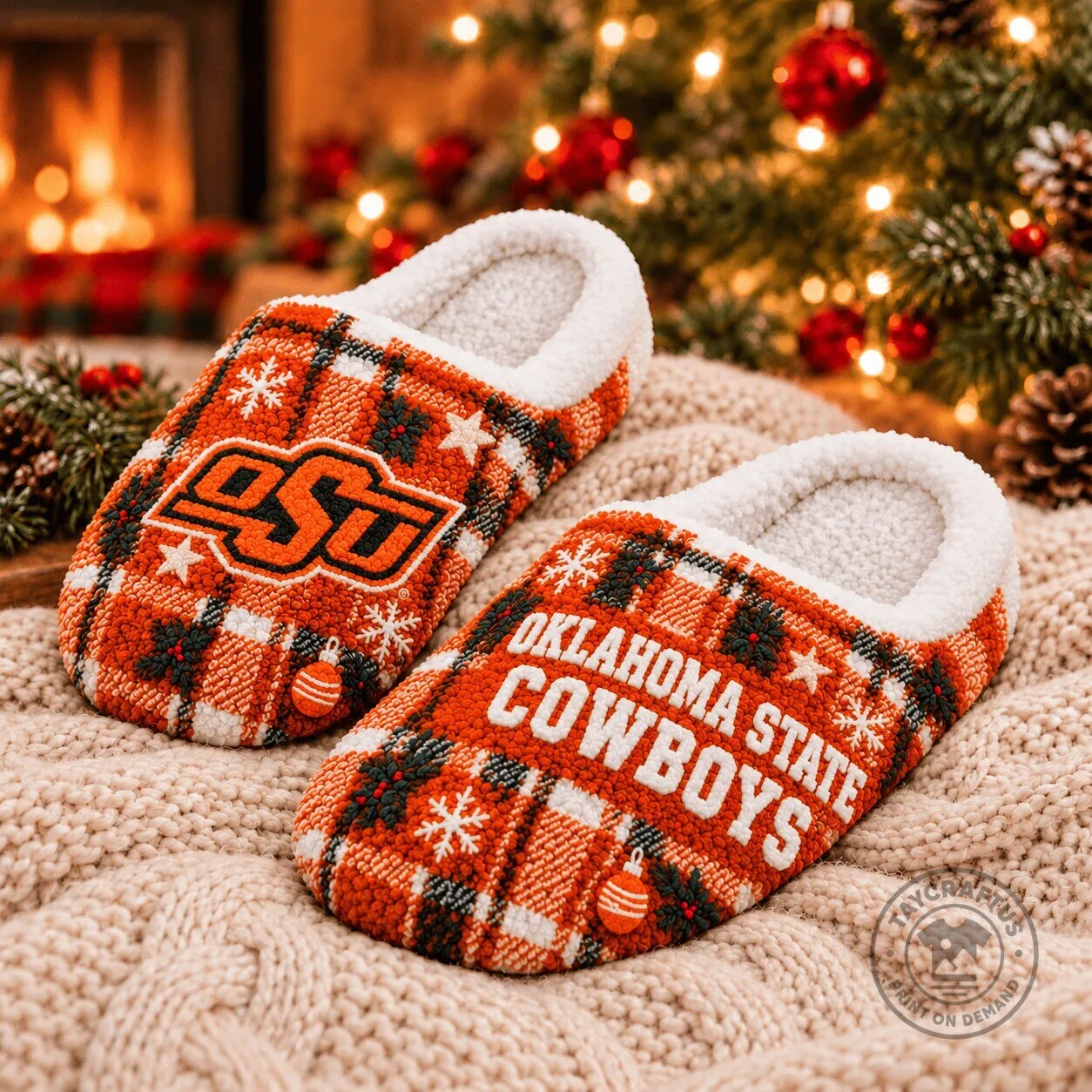 Oklahoma State Cowboys Christmas Plaid Sherpa Lined Slippers 1 Oklahoma State Cowboys Christmas Plaid Sherpa Lined Slippers