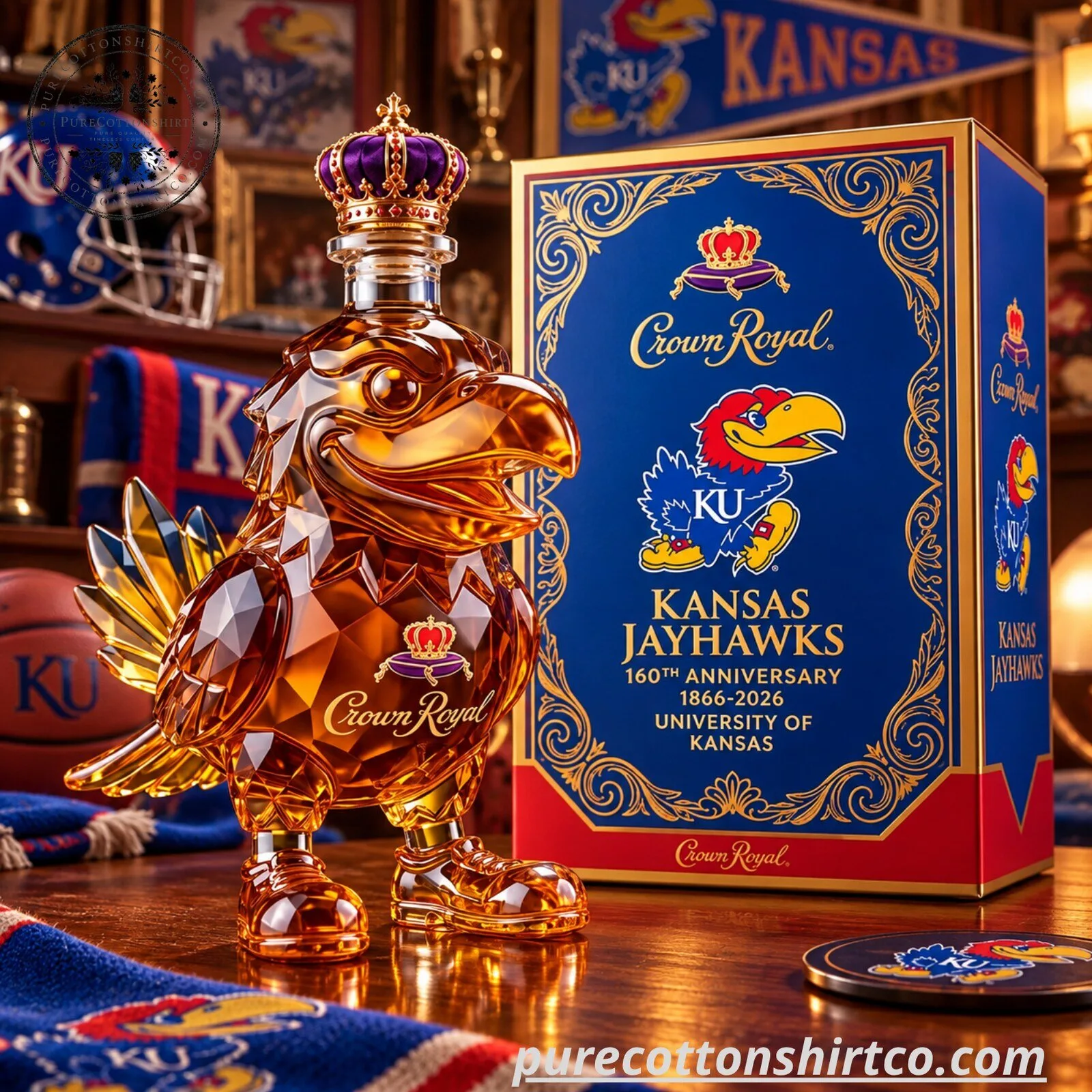 Kansas Jayhawks Crown Royal 160th Anniversary Decanter - Jayhawk Glass Whiskey Bottle
