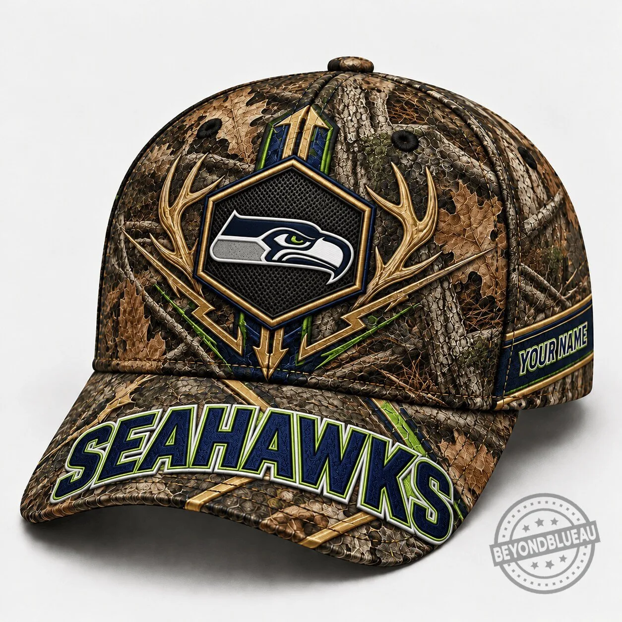 Seattle Seahawks NFL Team Camouflage Hunting Cap Hat with Custom Name