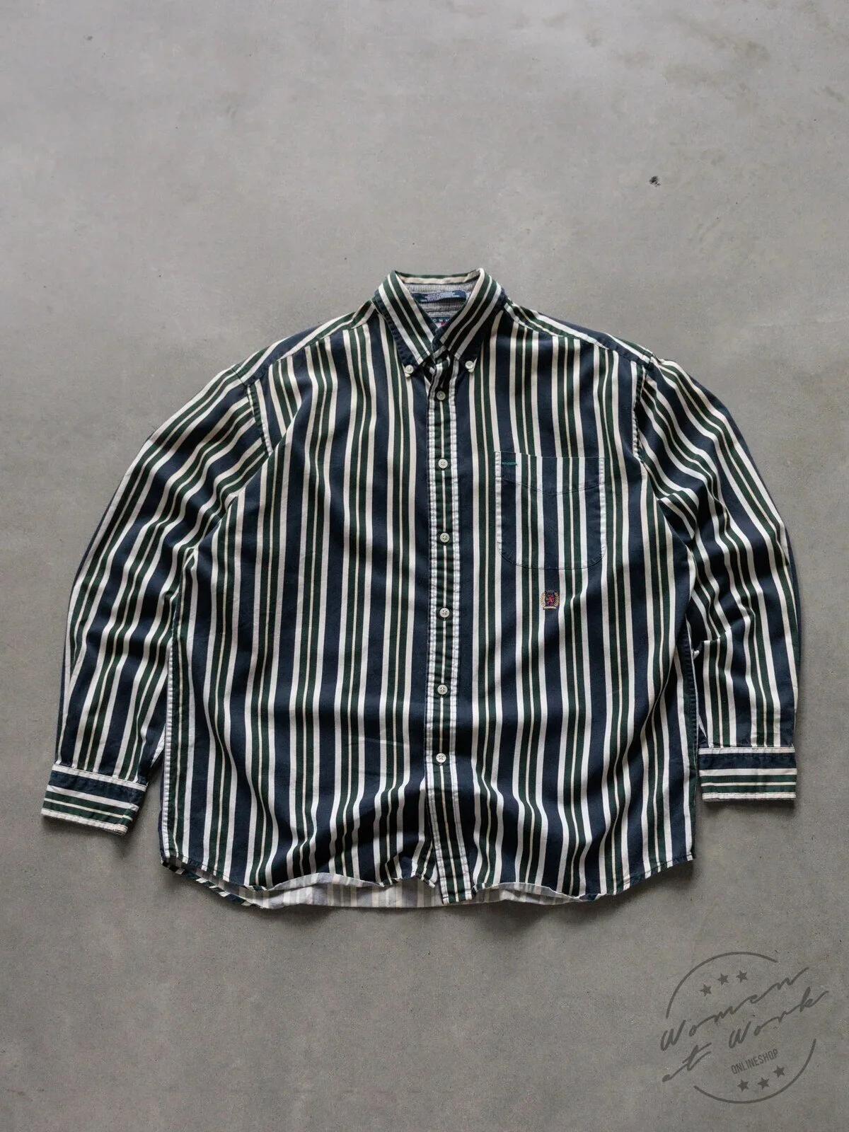 Vintage 90s Tommy Hilfiger Navy Green White Striped Long Sleeve Button-Up Shirt