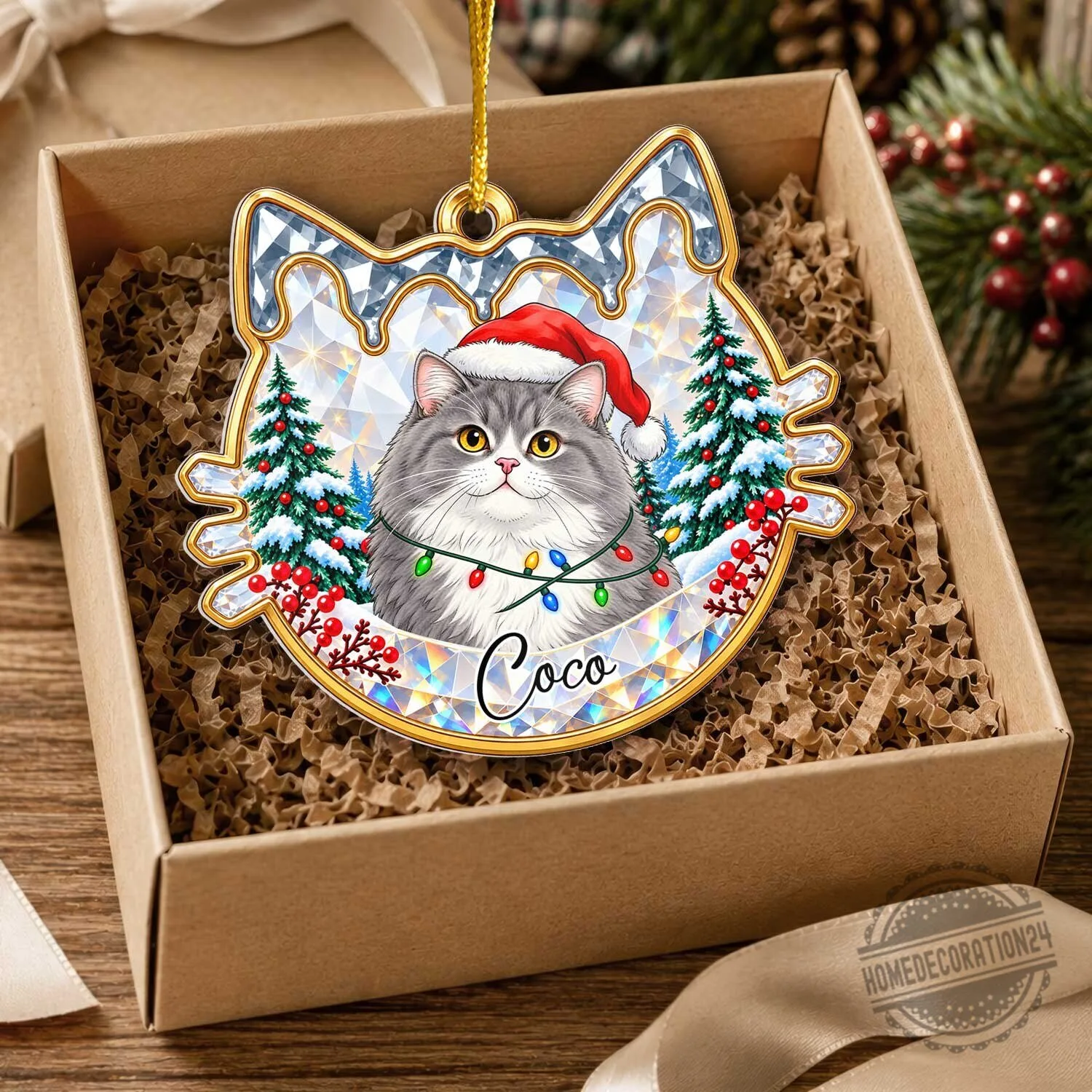 Personalized Christmas Cat Portrait Acrylic Ornament, Custom Pet Holiday Decoration