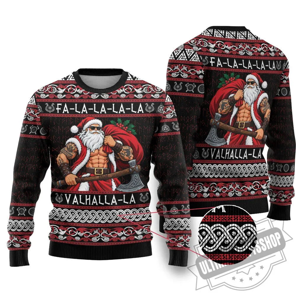 Fa La La La Valhalla La Ugly Christmas Sweater Viking Santa Muscle Holiday