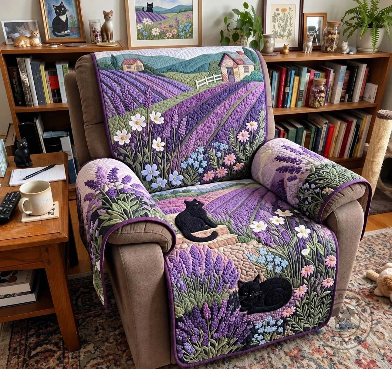 Lavender Field Black Cats Floral Quilted Recliner Sofa Cover