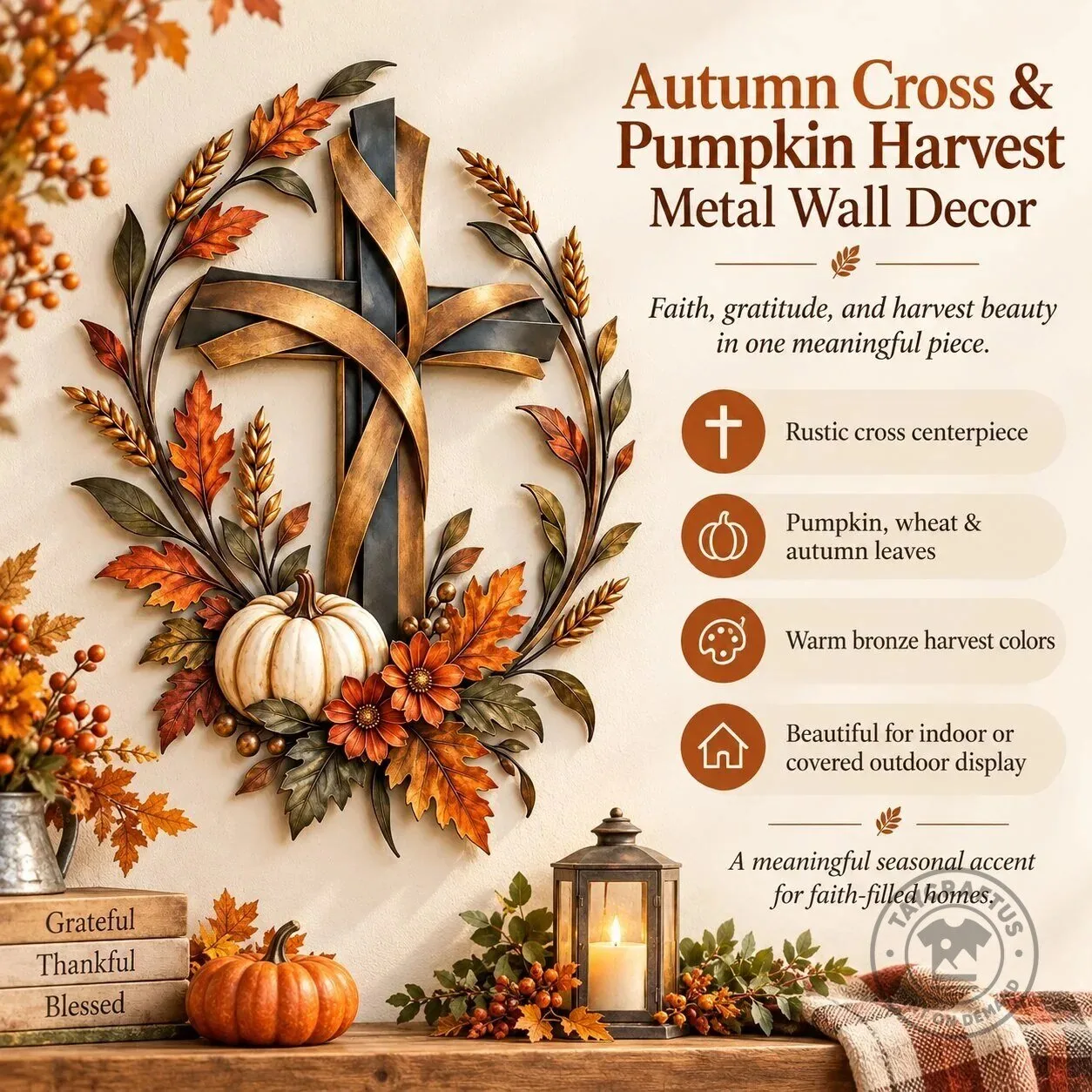 Autumn Harvest Cross with Pumpkin and Leaves Metal Wall Art Decor 14 Autumn Harvest Cross with Pumpkin and Leaves Metal Wall Art Decor