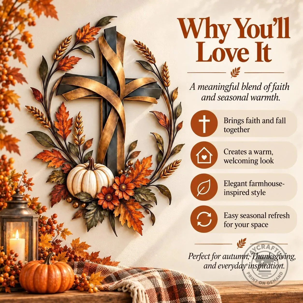 Autumn Harvest Cross with Pumpkin and Leaves Metal Wall Art Decor 15 Autumn Harvest Cross with Pumpkin and Leaves Metal Wall Art Decor