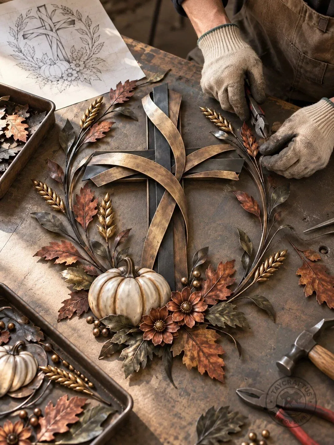 Autumn Harvest Cross with Pumpkin and Leaves Metal Wall Art Decor 25 Autumn Harvest Cross with Pumpkin and Leaves Metal Wall Art Decor