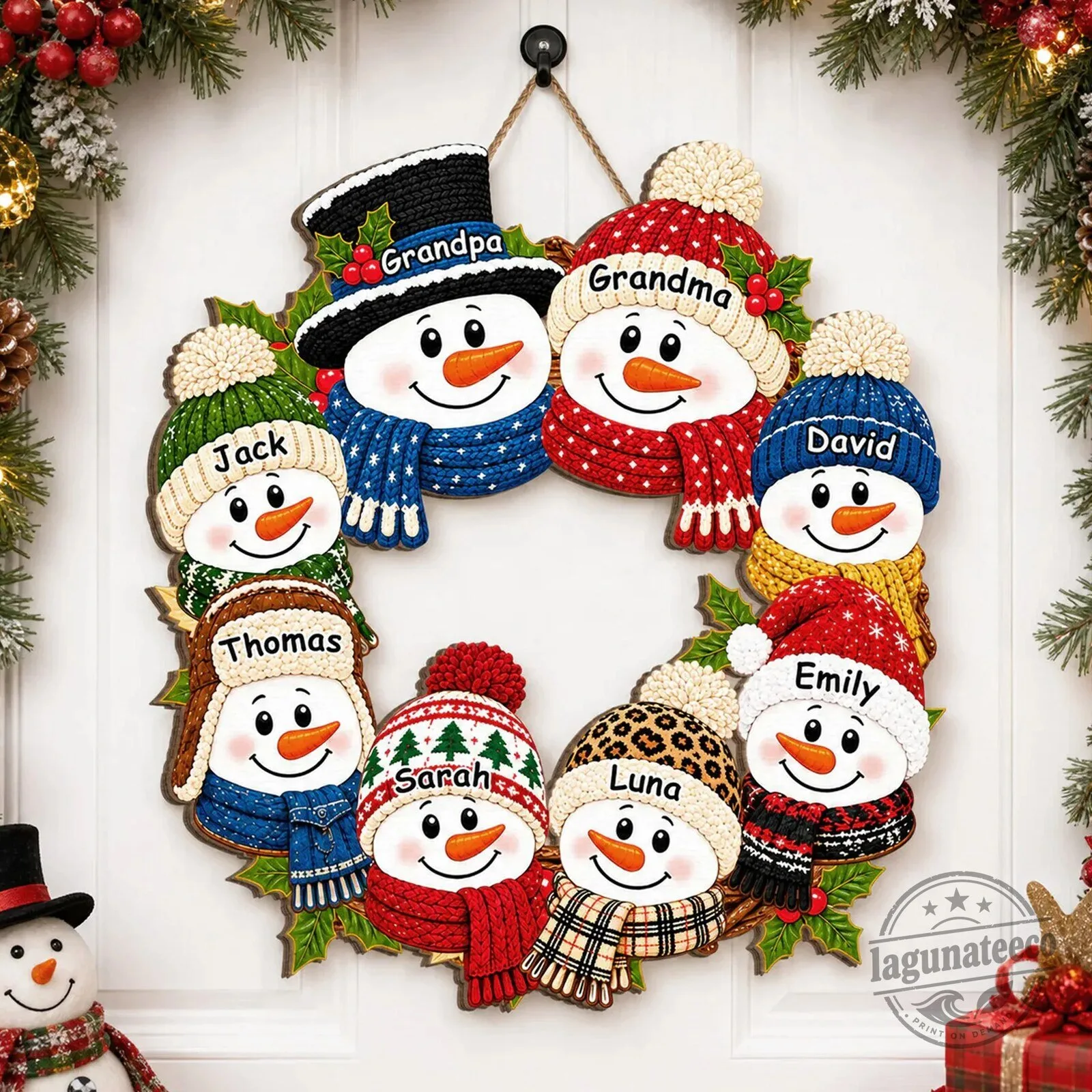Custom Wooden Sign for Grandparents - Snowman Family Christmas Wreath