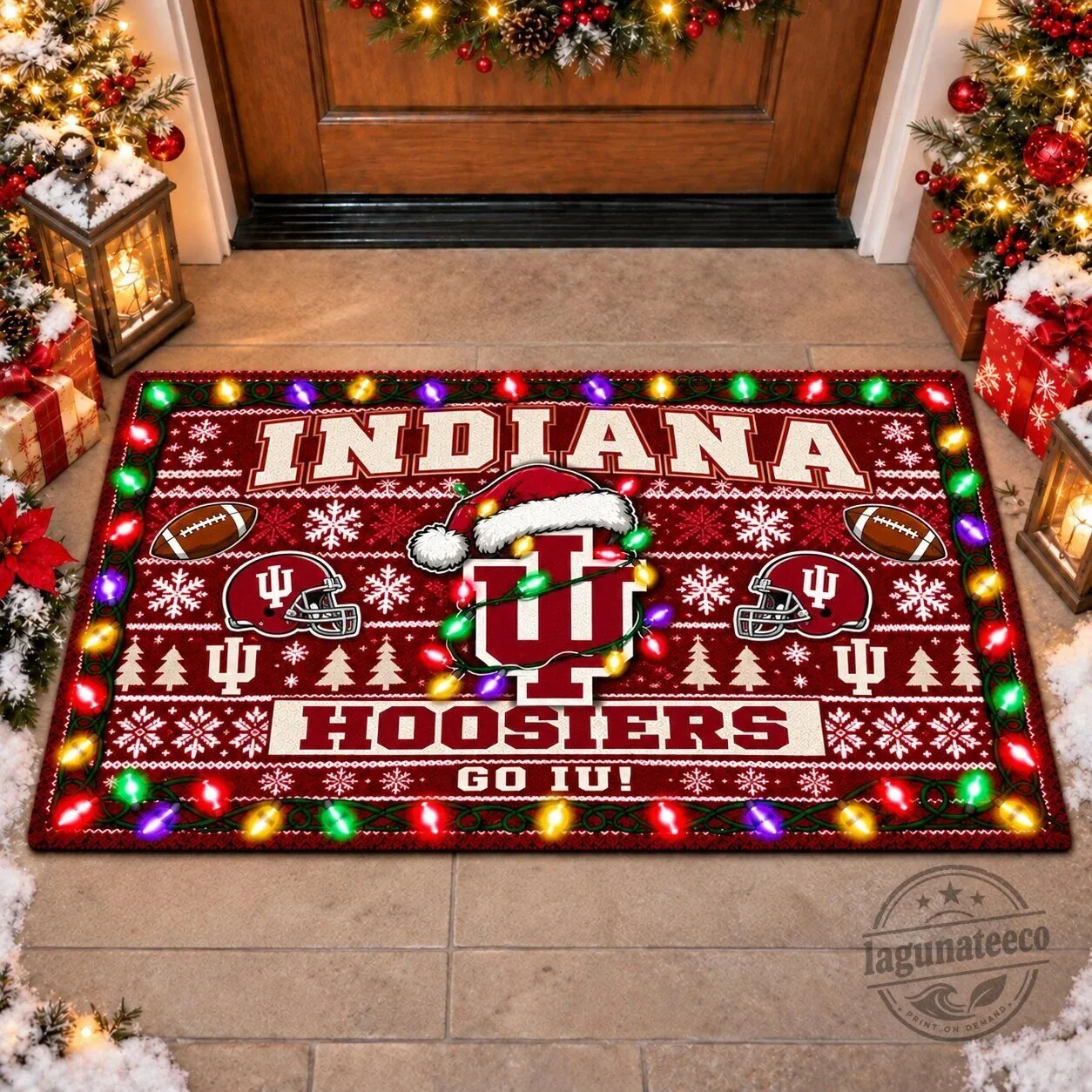 Indiana Hoosiers Christmas Holiday Doormat with Festive Lights and Santa Hat