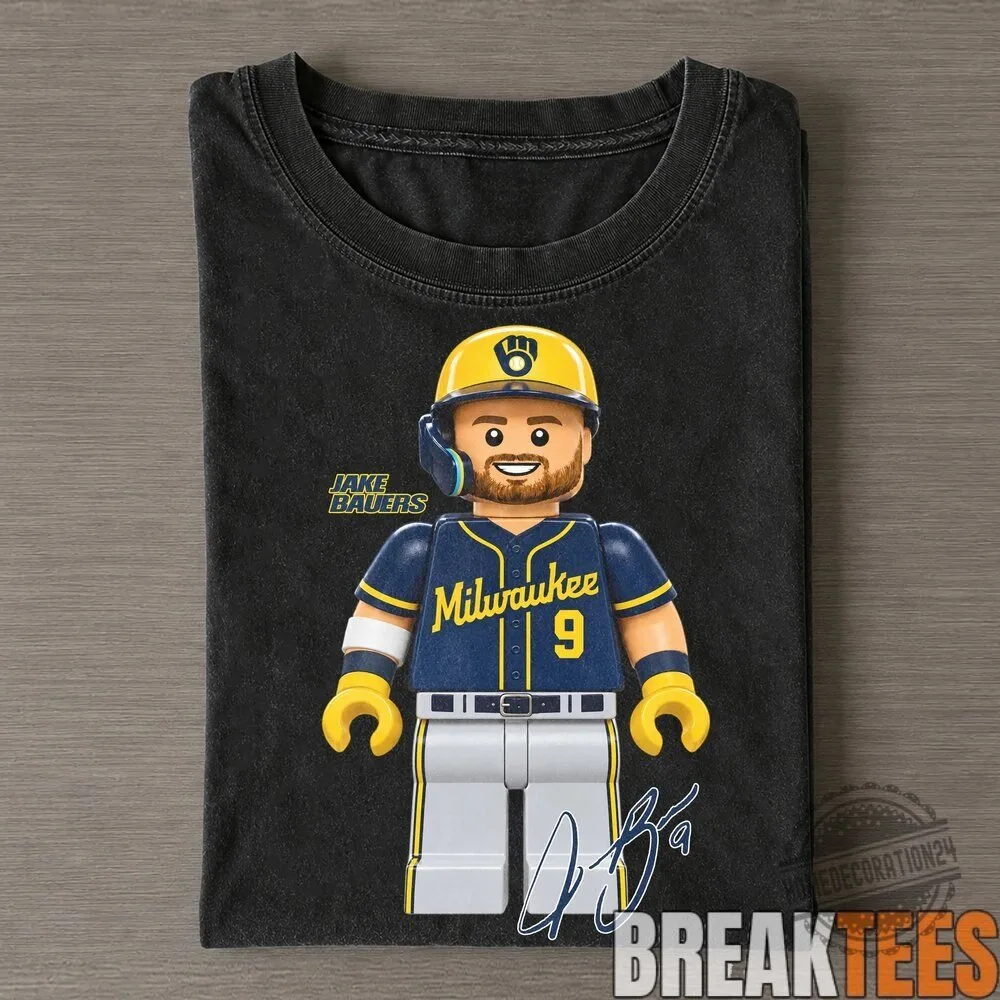 Milwaukee Brewers Jake Bauers LEGO Style Baseball Player Signature T-Shirt 1 Milwaukee Brewers Jake Bauers LEGO Style Baseball Player Signature T-Shirt