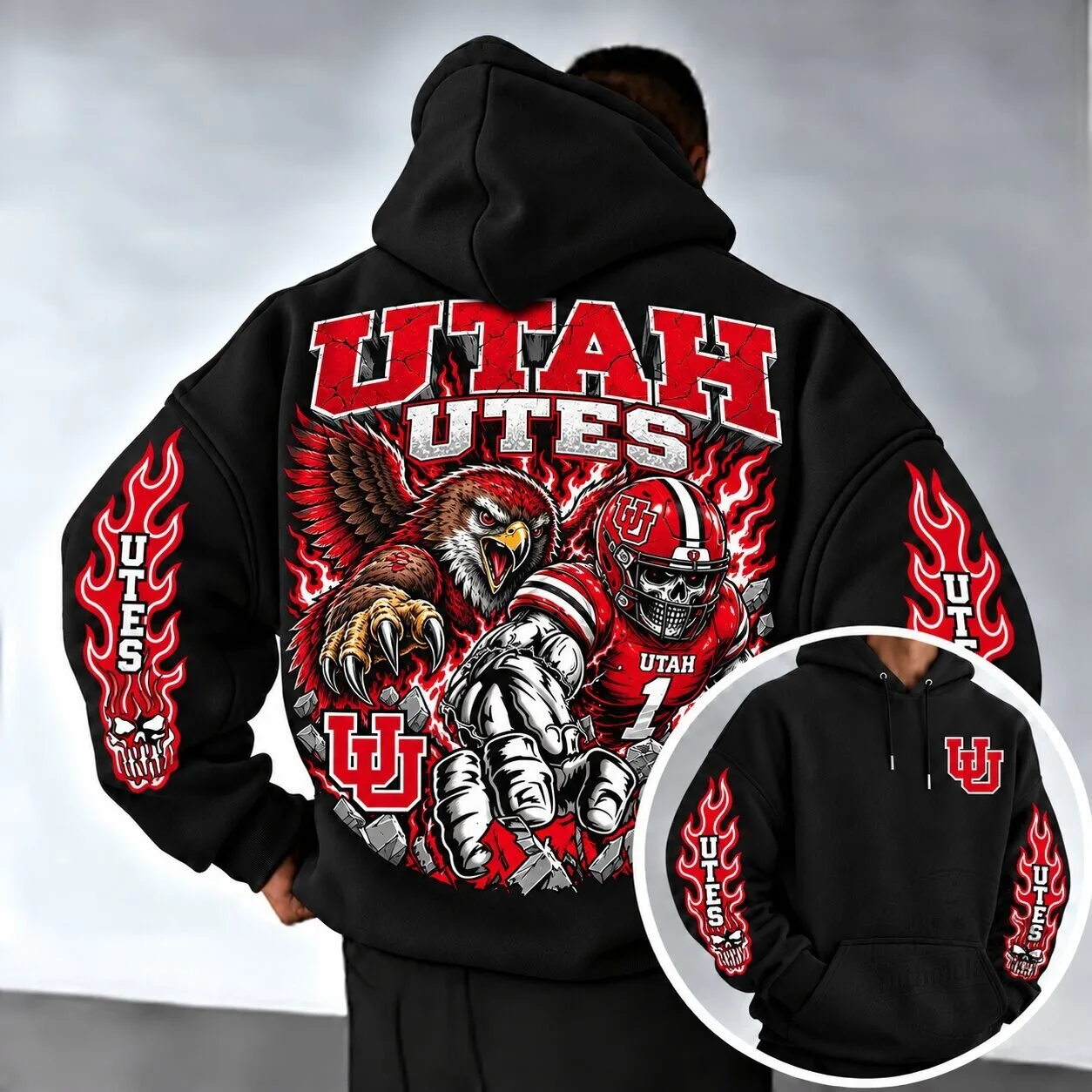 Utah Utes Football Team Mascot Eagle and Skull Black Hoodie 4 Utah Utes Football Team Mascot Eagle and Skull Black Hoodie