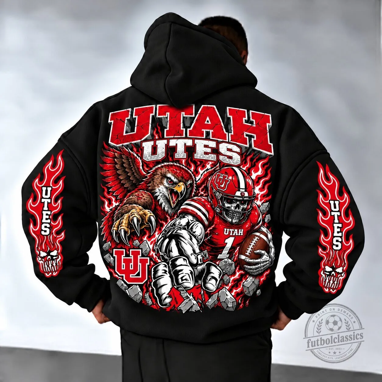Utah Utes Football Team Mascot Eagle and Skull Black Hoodie 6 Utah Utes Football Team Mascot Eagle and Skull Black Hoodie
