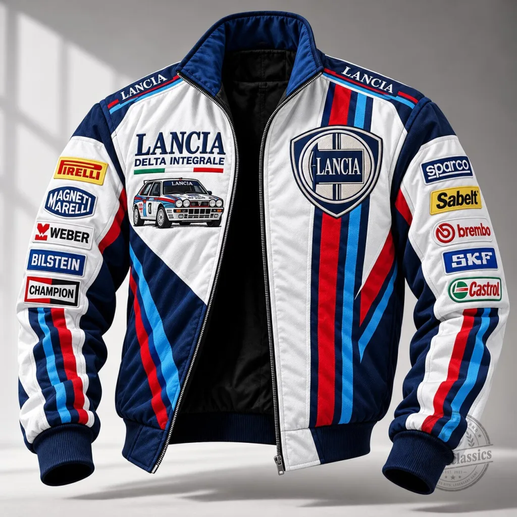 Lancia Delta Integrale Racing Car Bomber Jacket with Sponsor Logos Lancia Delta Integrale Racing Car Bomber Jacket with Sponsor Logos
