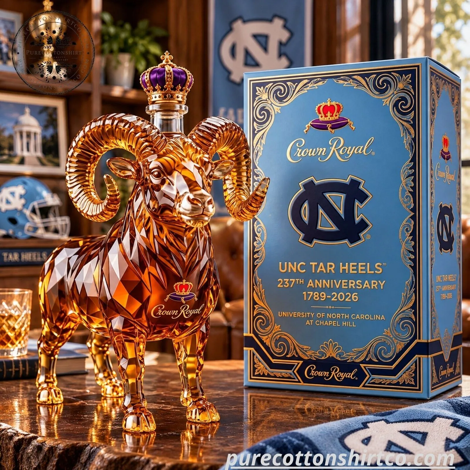 UNC Tar Heels Crown Royal 237th Anniversary Decanter - Rameses Ram Glass Whiskey Bottle