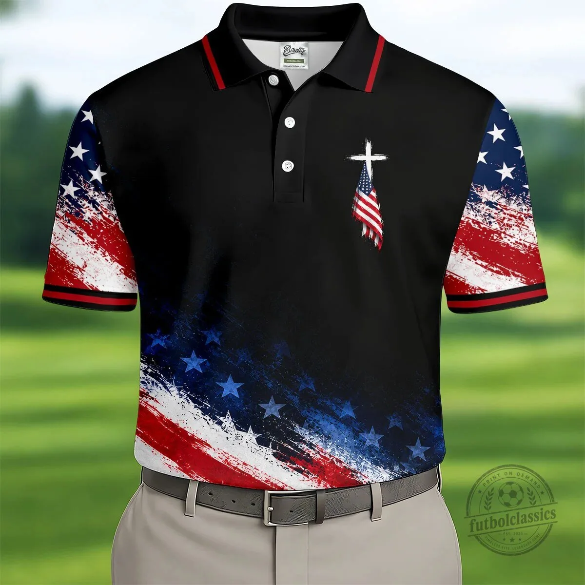 American Flag Cross Veteran Patriotic Golf Polo Shirt for Men