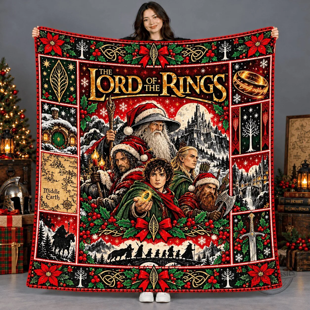 The Lord of the Rings Fellowship of the Ring Christmas Holiday Fleece Blanket