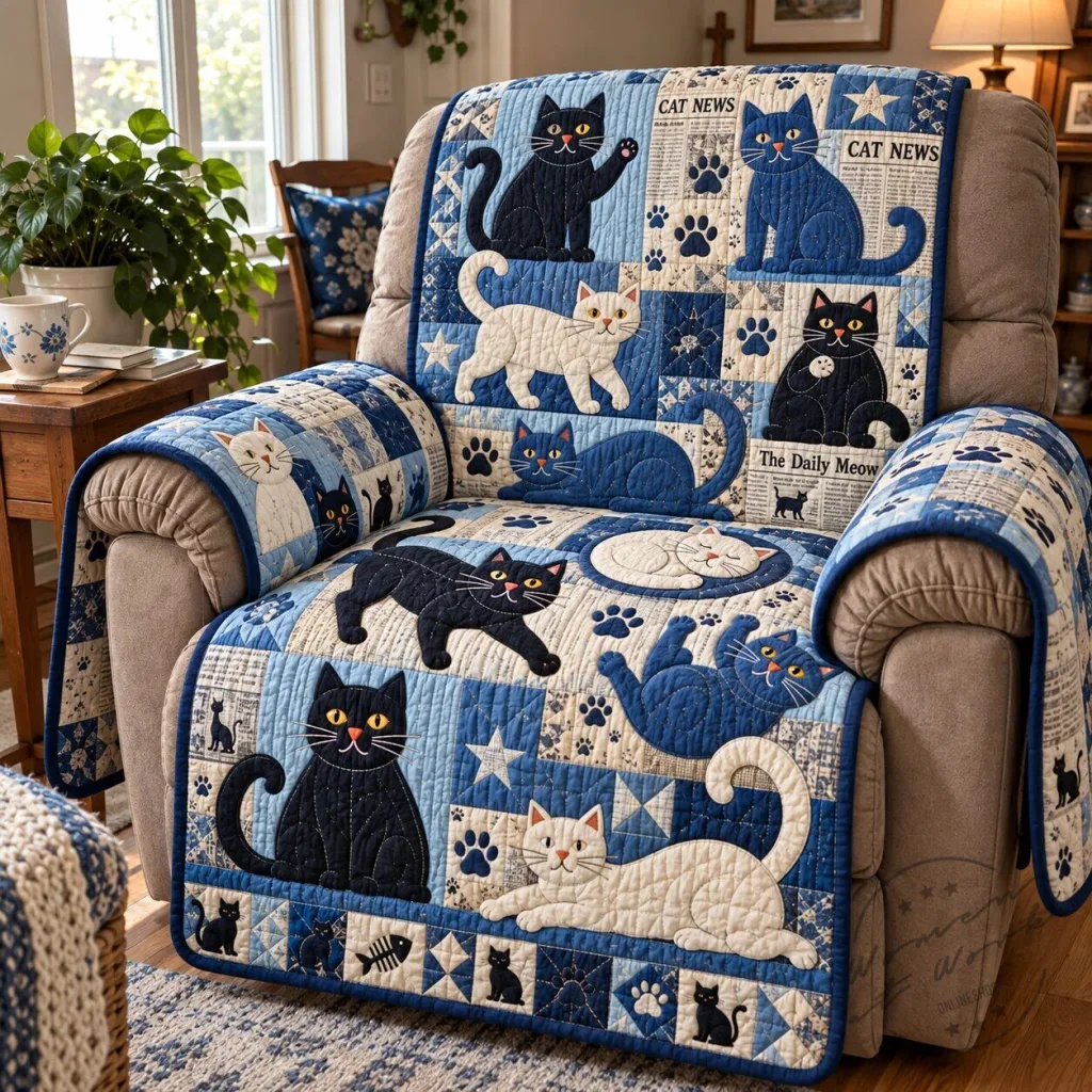 Cat News Quilted Recliner Cover with Playful Feline Design Cat News Quilted Recliner Cover with Playful Feline Design