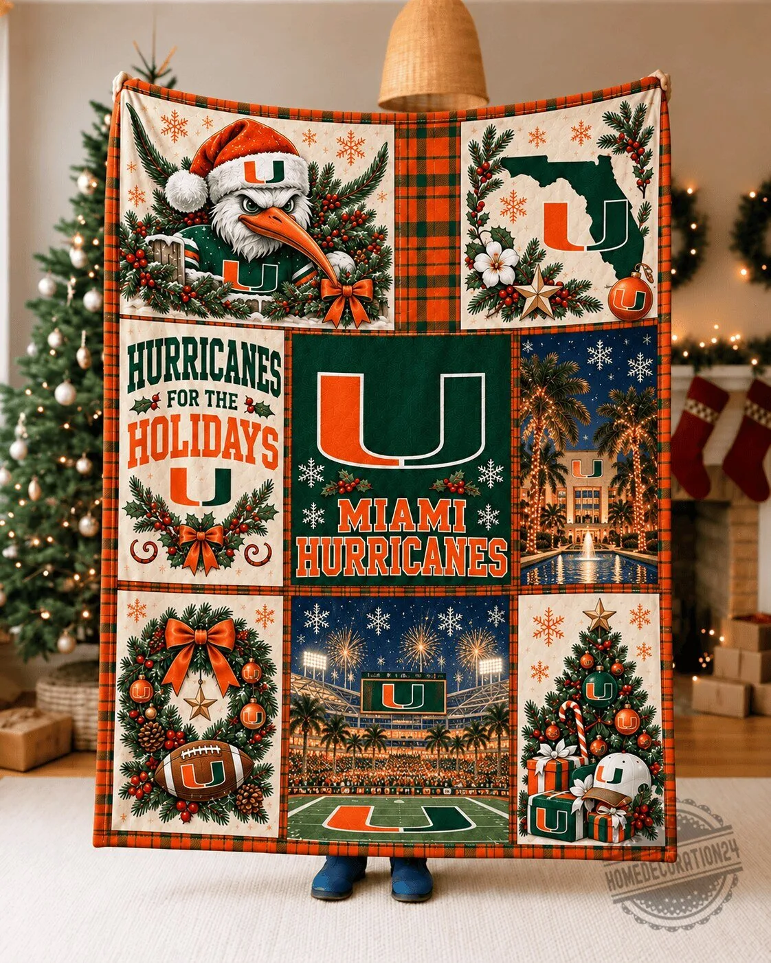 Miami Hurricanes Christmas Holiday Football Team Fleece Blanket
