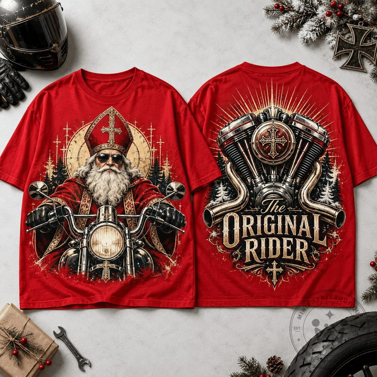 Saint Nicholas Christmas Harley Davidson Biker Motorcycle Engine Red T-Shirt 1 Saint Nicholas Christmas Harley Davidson Biker Motorcycle Engine Red T-Shirt