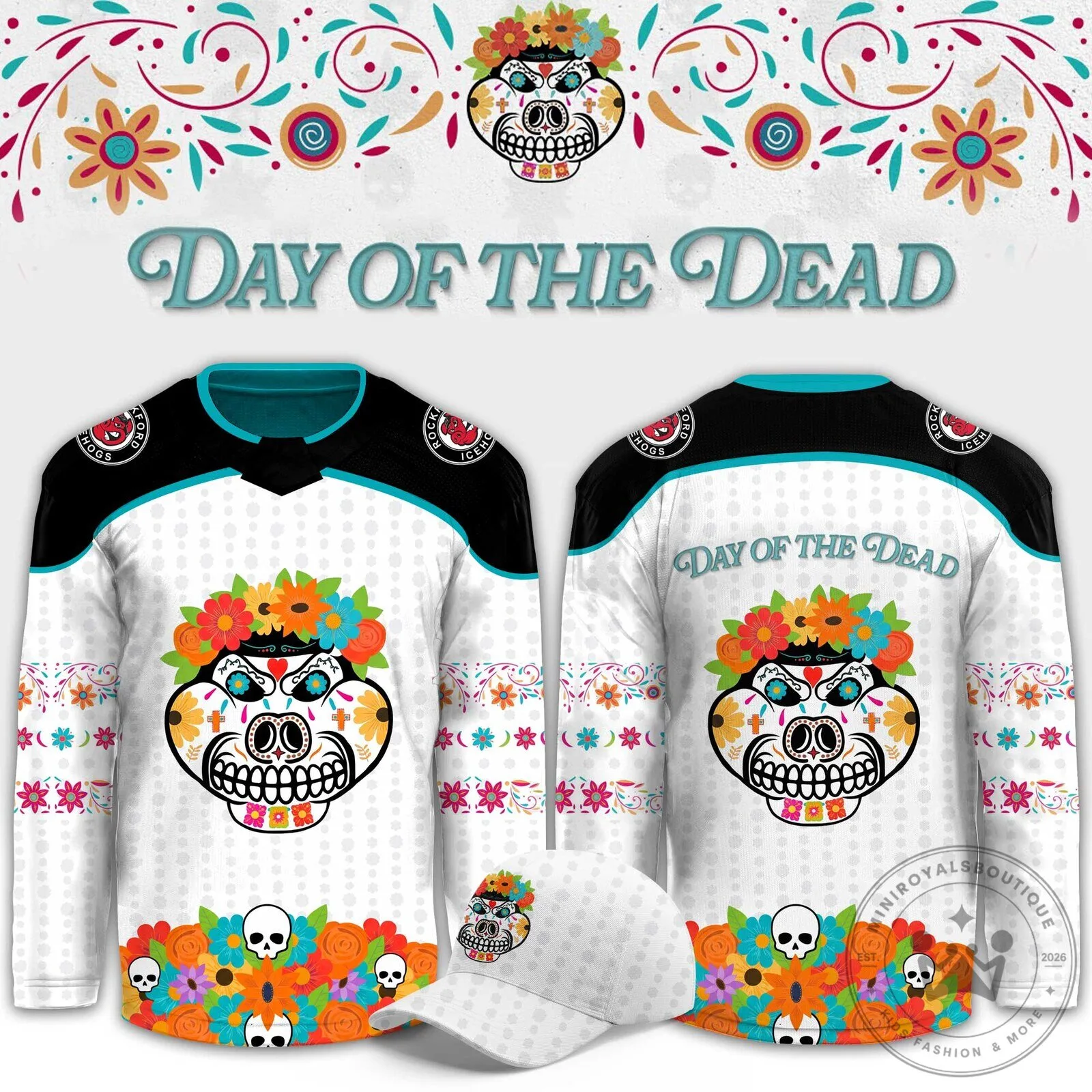 Rockford IceHogs Day Of The Dead Sugar Skull Halloween Hockey Jersey