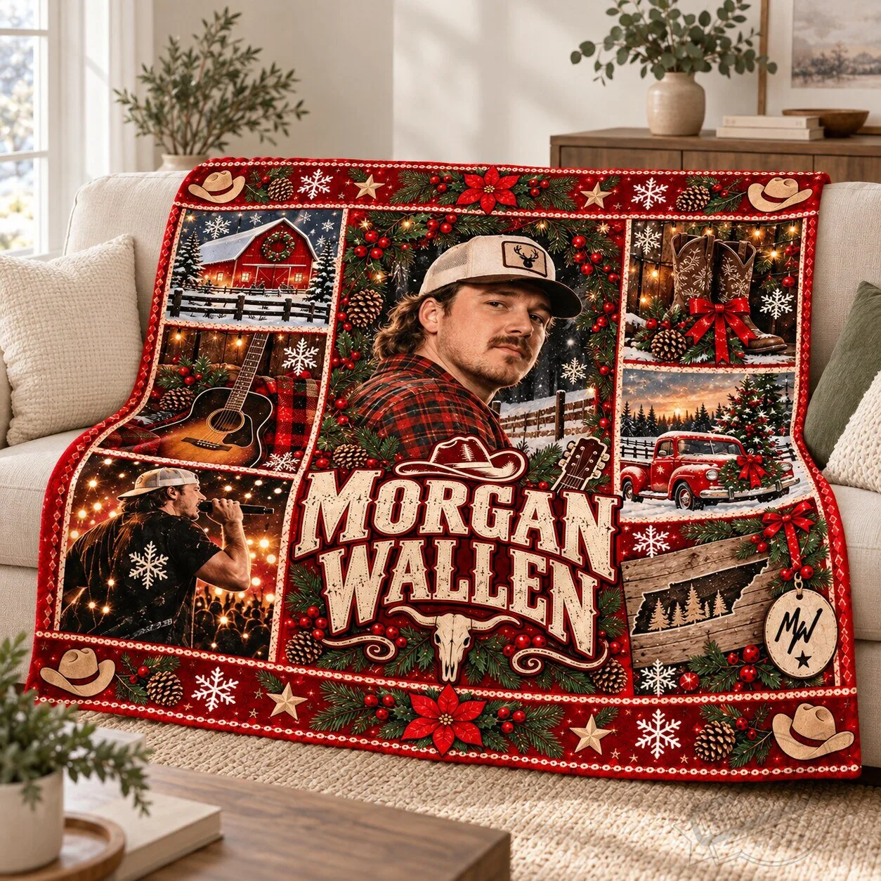 Morgan Wallen Christmas Blanket with Western Holiday Design 3 Morgan Wallen Christmas Blanket with Western Holiday Design