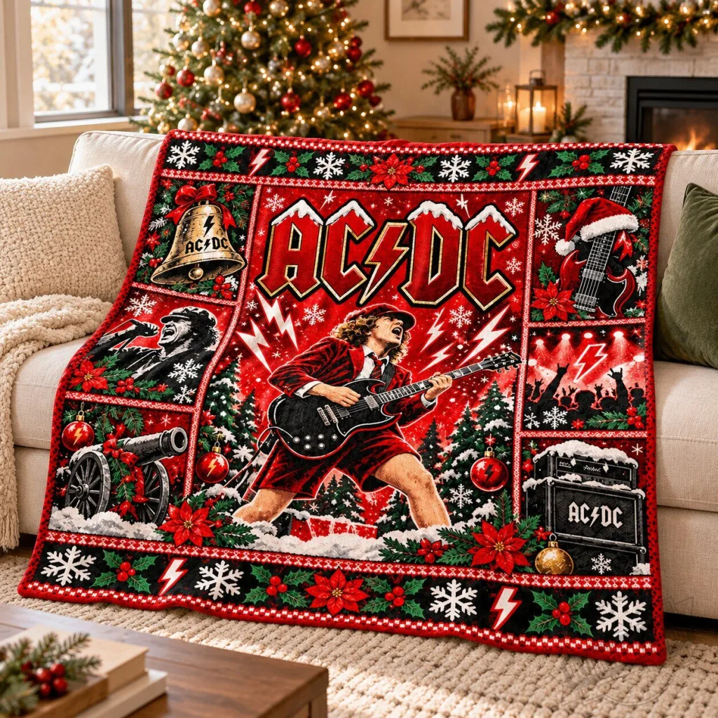 ACDC Christmas Throw Blanket with Festive Rock Guitar Design 2026 AC/DC Christmas Throw Blanket with Festive Rock Guitar Design 2026