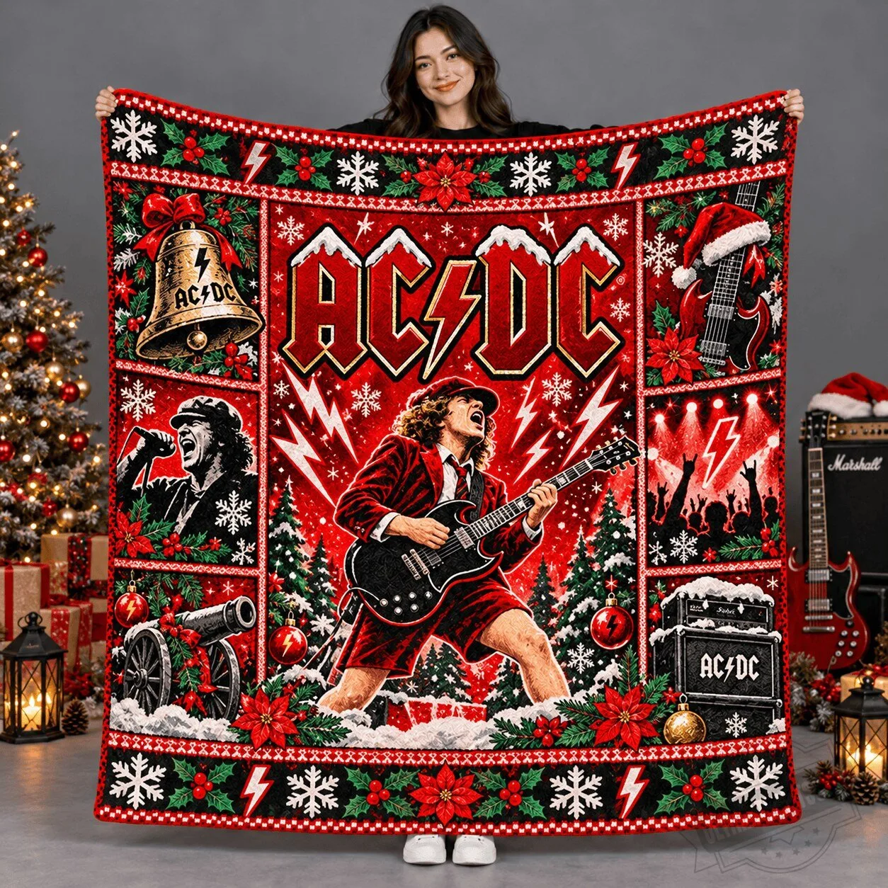 AC/DC Christmas Throw Blanket with Festive Rock Guitar Design 2026 4 AC/DC Christmas Throw Blanket with Festive Rock Guitar Design 2026
