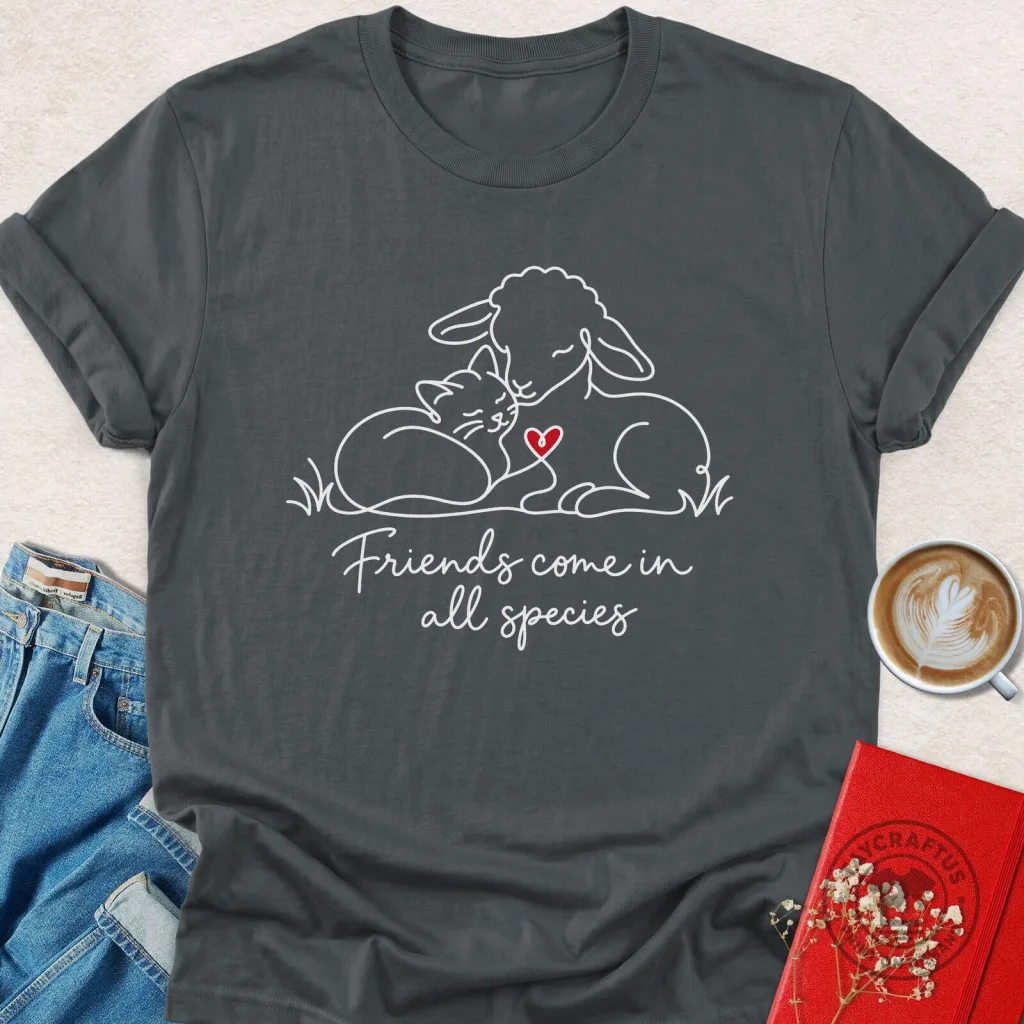 Friends Come In All Species Cute Lamb And Cat T-Shirt Friends Come In All Species Cute Lamb And Cat T-Shirt