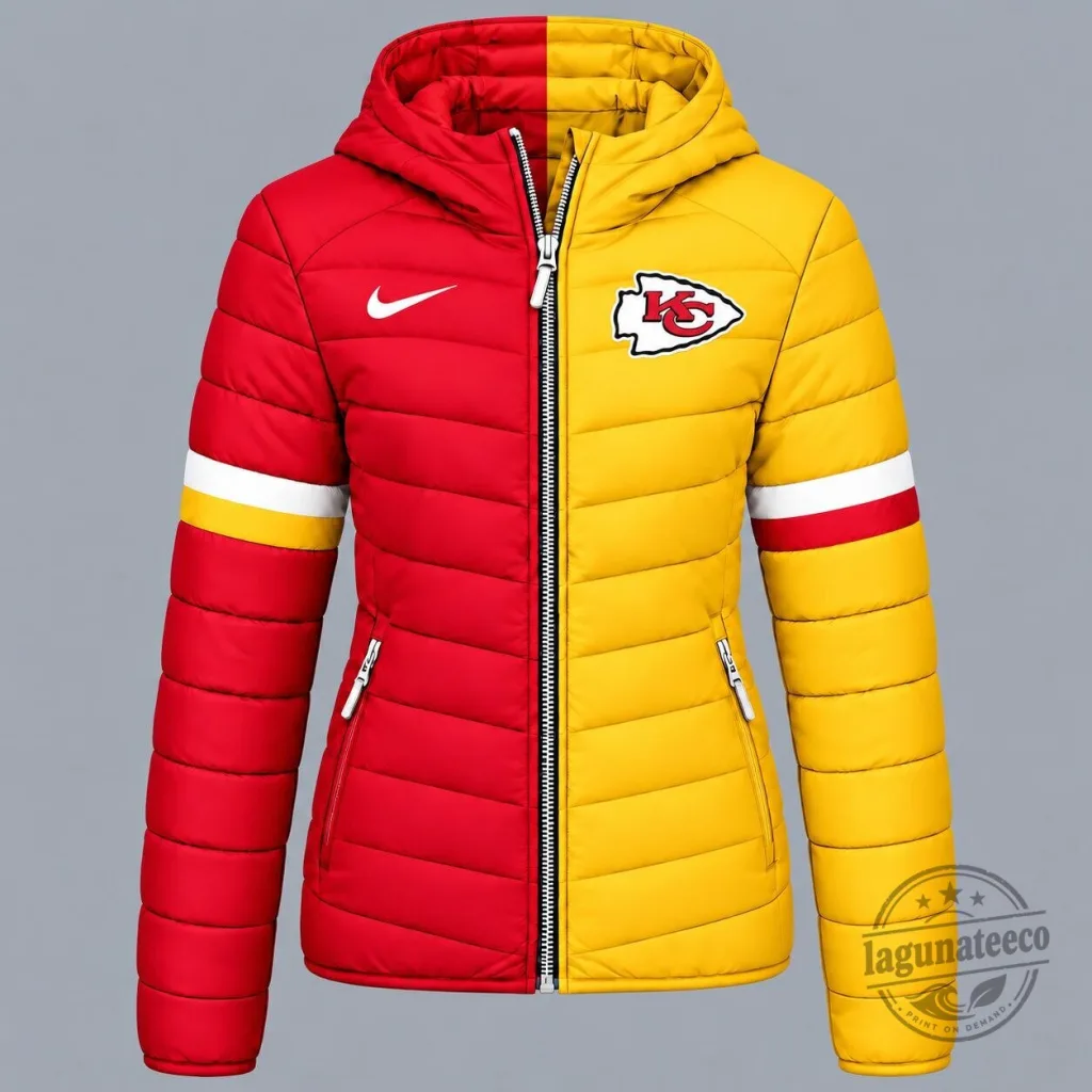 Kansas City Chiefs Red and Yellow Split Panel Hooded Puffer Jacket Kansas City Chiefs Red and Yellow Split Panel Hooded Puffer Jacket