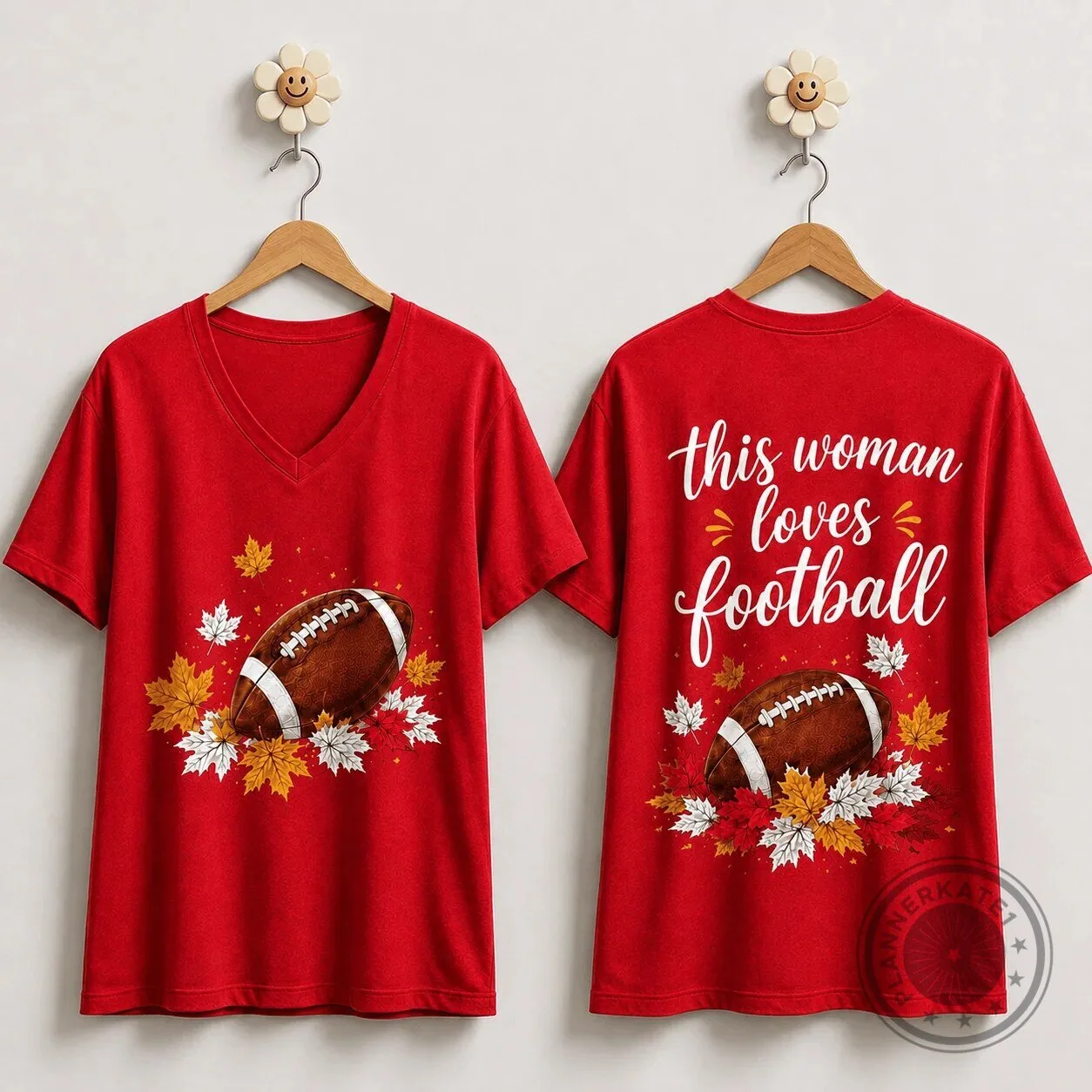 This Woman Loves Football Autumn Leaves Red V-Neck T-Shirt