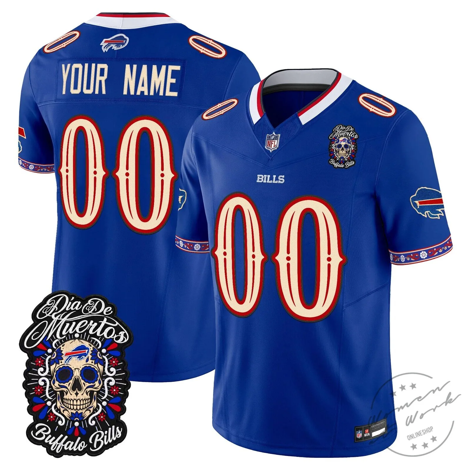Buffalo Bills Day of the Dead Custom Royal Blue Football Jersey