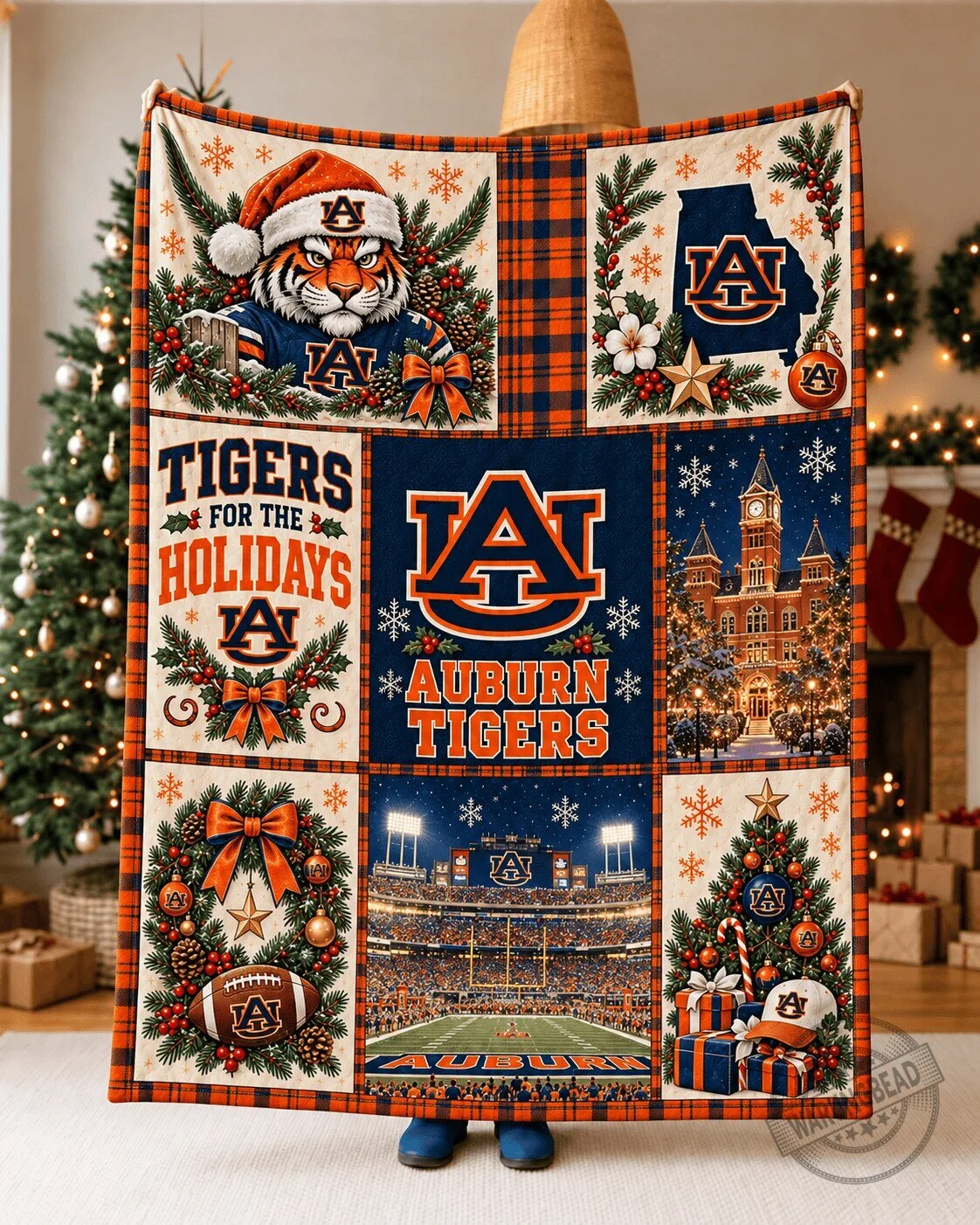 Auburn Tigers Christmas Holiday Football College Team Quilted Pattern Blanket
