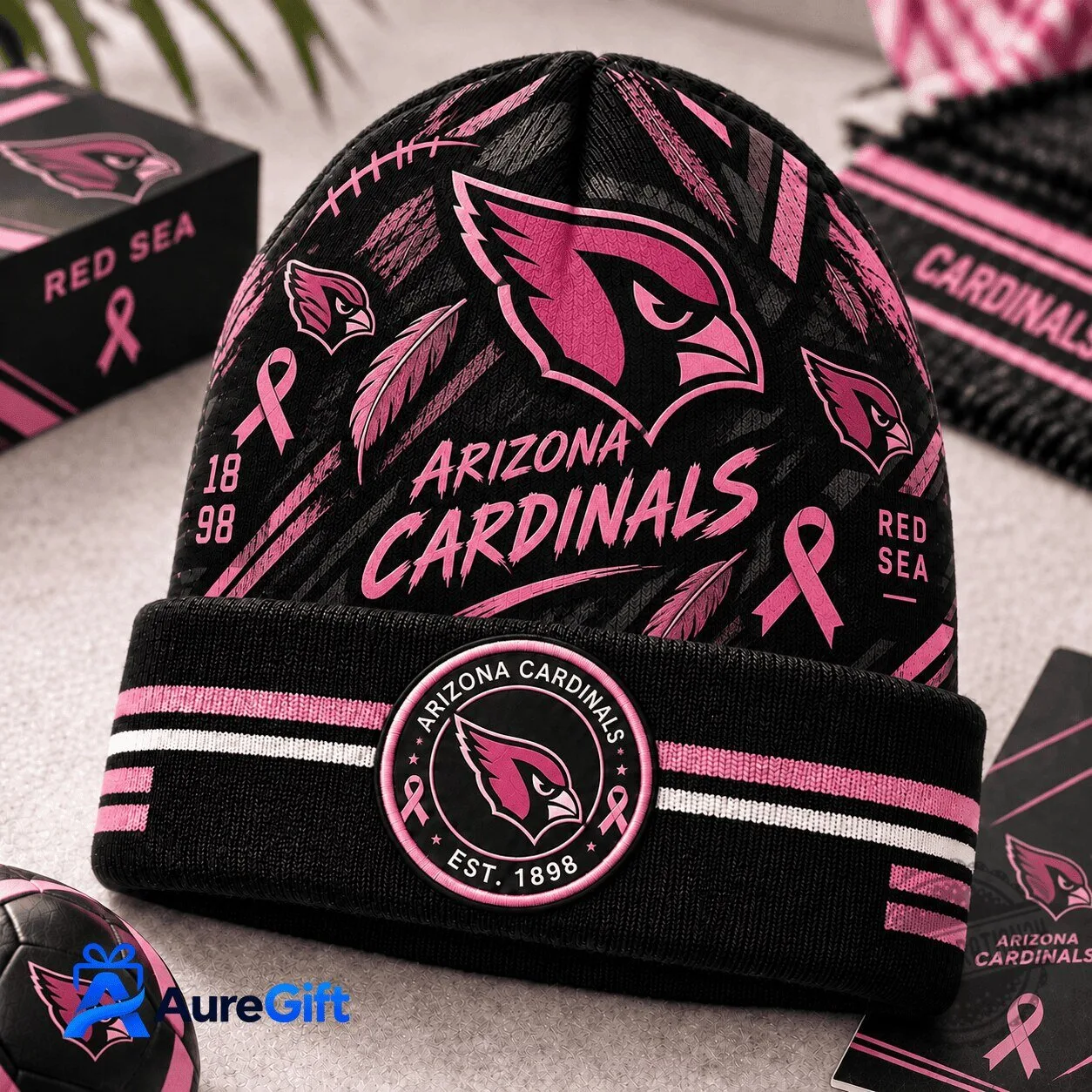 Arizona Cardinals Breast Cancer Awareness Pink Football Knit Beanie Hat