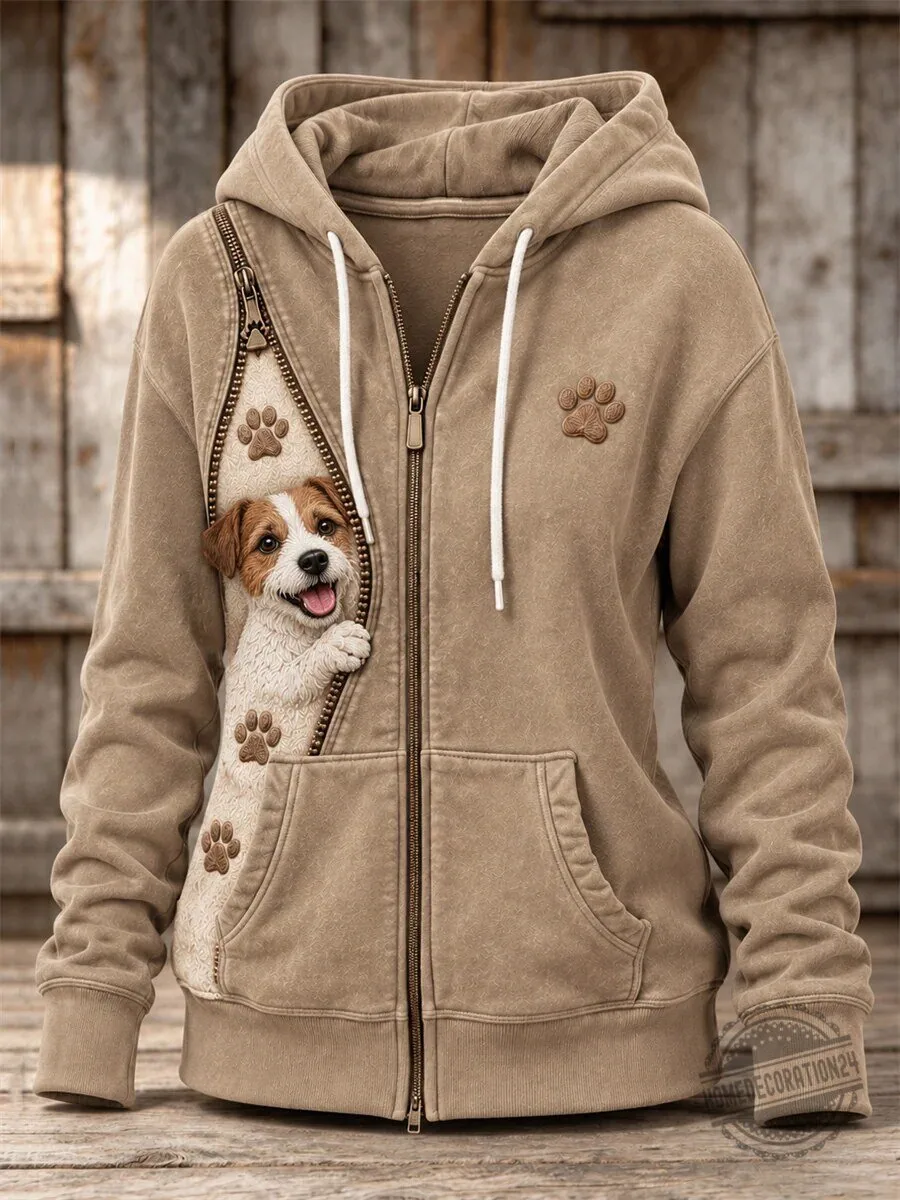 Cute Jack Russell Terrier Puppy Dog Peeking Out Zipper Print Hoodie 1 Cute Jack Russell Terrier Puppy Dog Peeking Out Zipper Print Hoodie