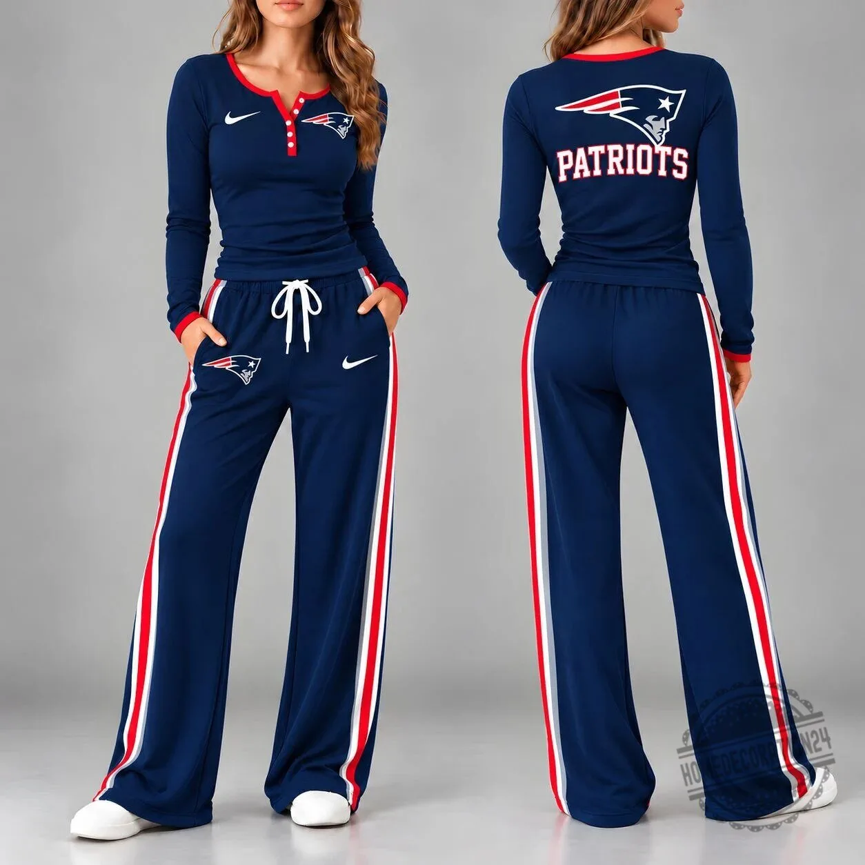 New England Patriots Women's Navy Blue Long Sleeve Henley Top and Pants Set