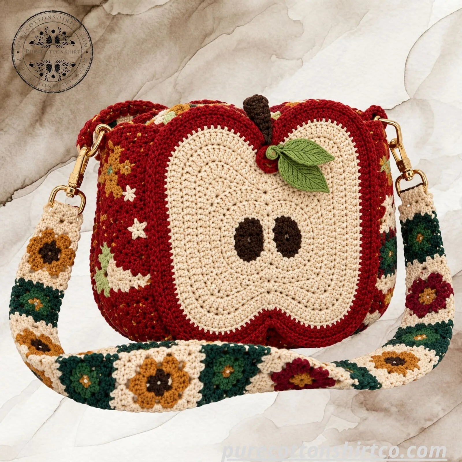 Handmade Red Apple Crochet Shoulder Bag - Boho Floral Strap Knit Crossbody Bag