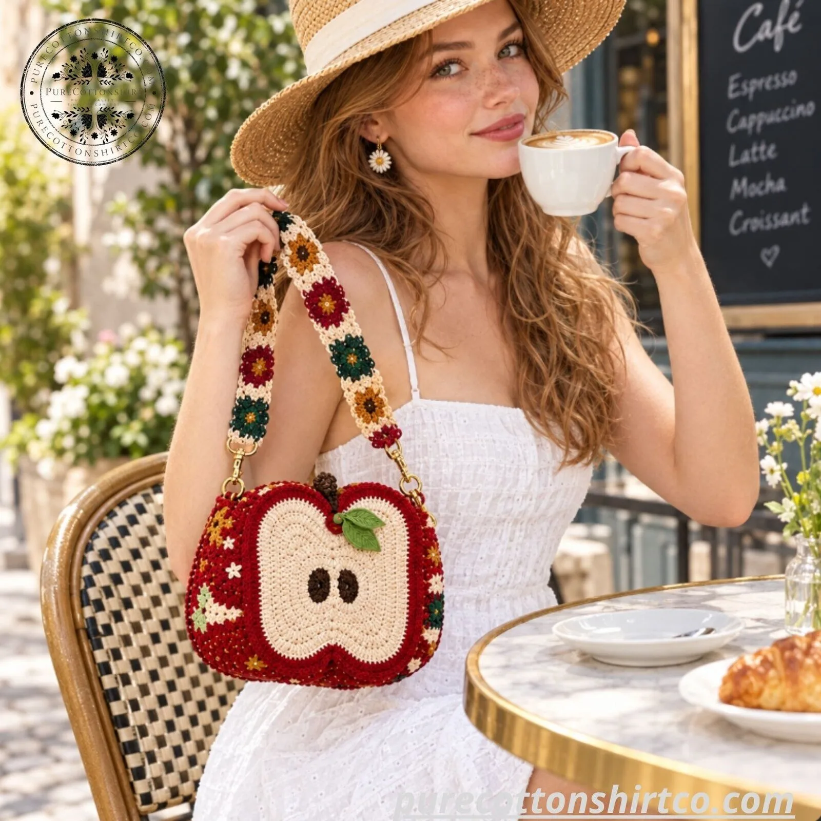 Handmade Red Apple Crochet Shoulder Bag - Boho Floral Strap Knit Crossbody Bag 3 Handmade Red Apple Crochet Shoulder Bag - Boho Floral Strap Knit Crossbody Bag