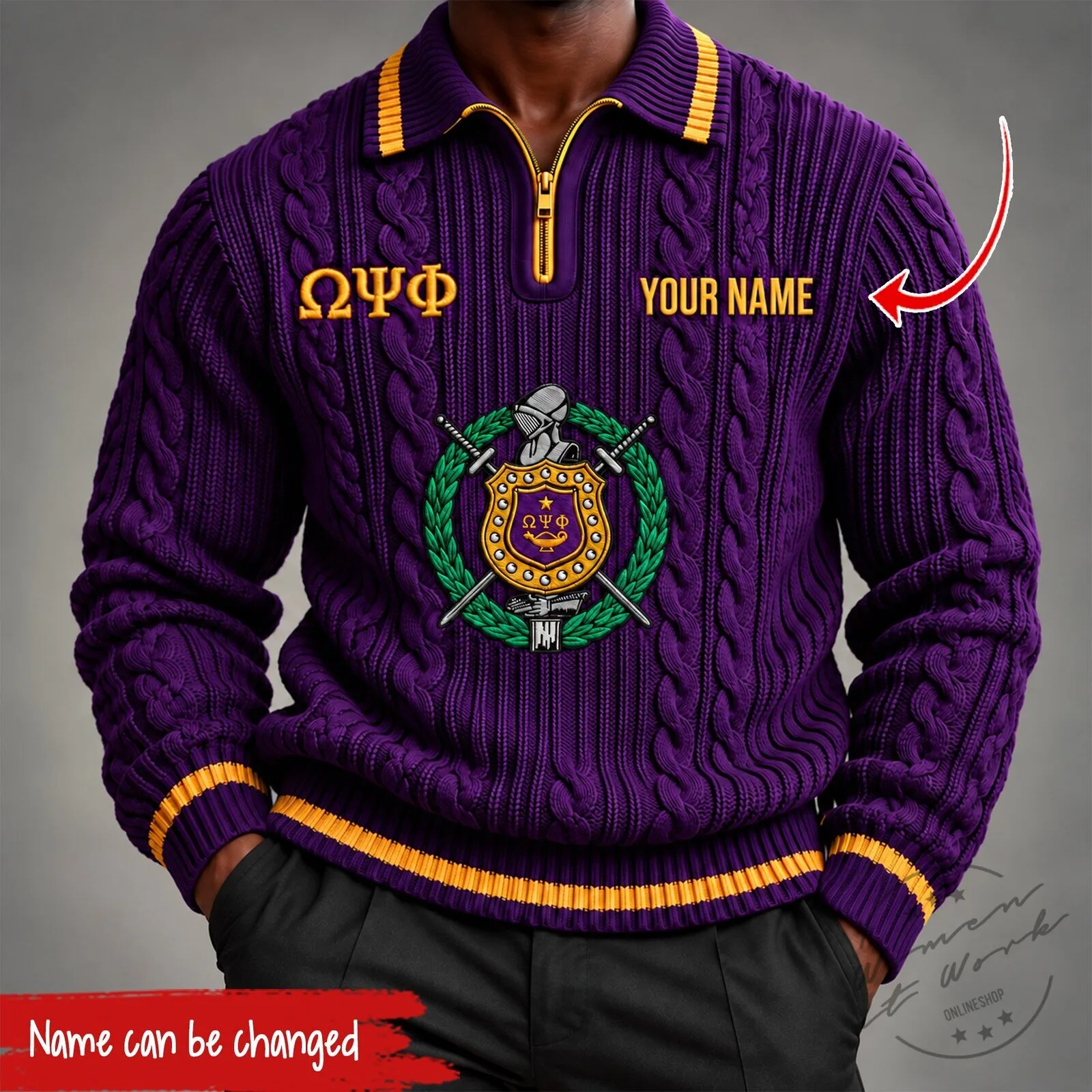Omega Psi Phi Fraternity Personalized Cable Knit Quarter Zip Polo Shirt