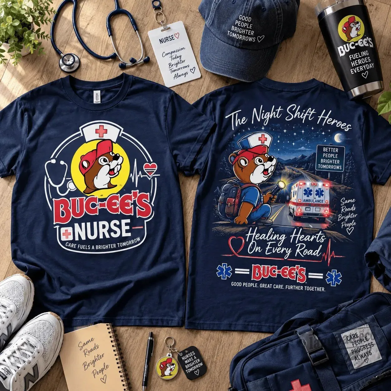Buc-ee's Night Shift Hero Nurse Healing Hearts On Every Road T-Shirt 1 Buc-ee