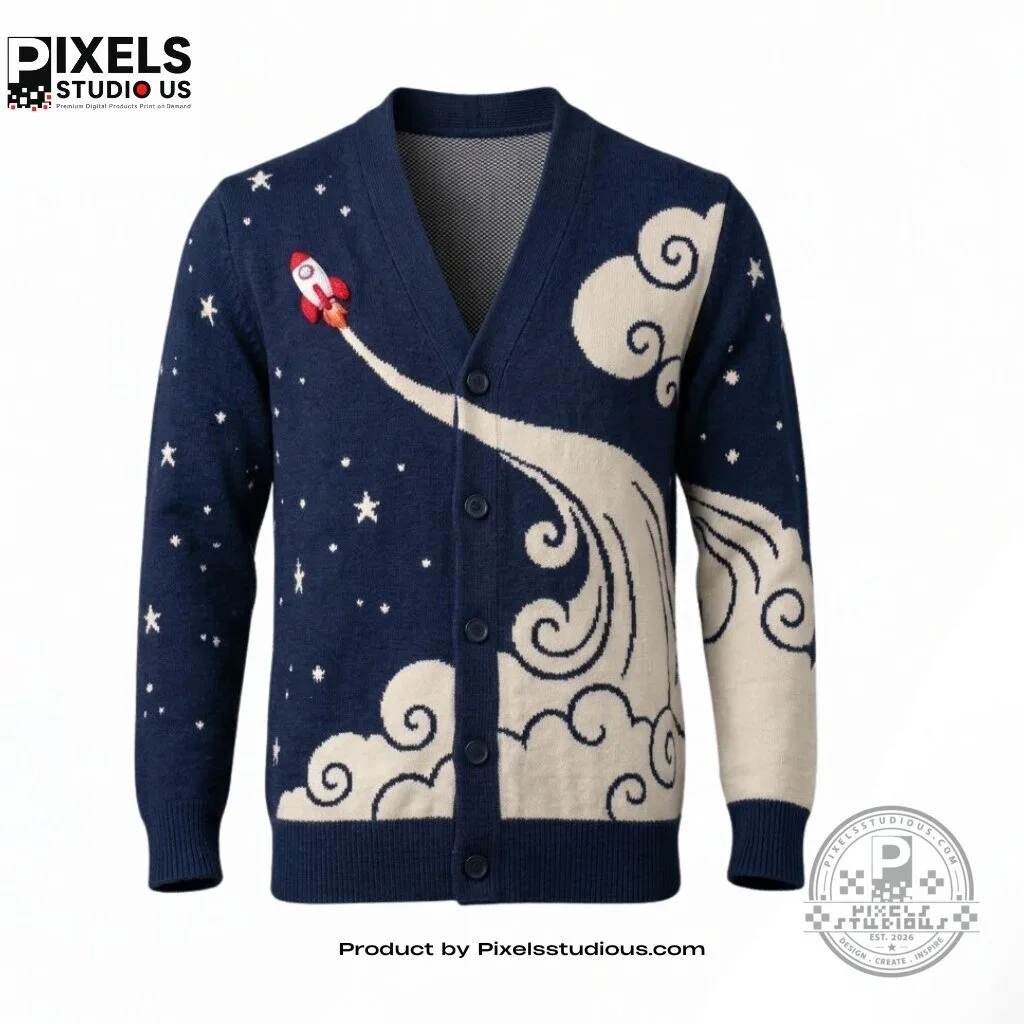 "Explore Unique Fashion: Space Cardigan, Egyptian Hat, BTS Messi Jersey" 2 Rocket Ship Space-Themed Cardigan Sweater