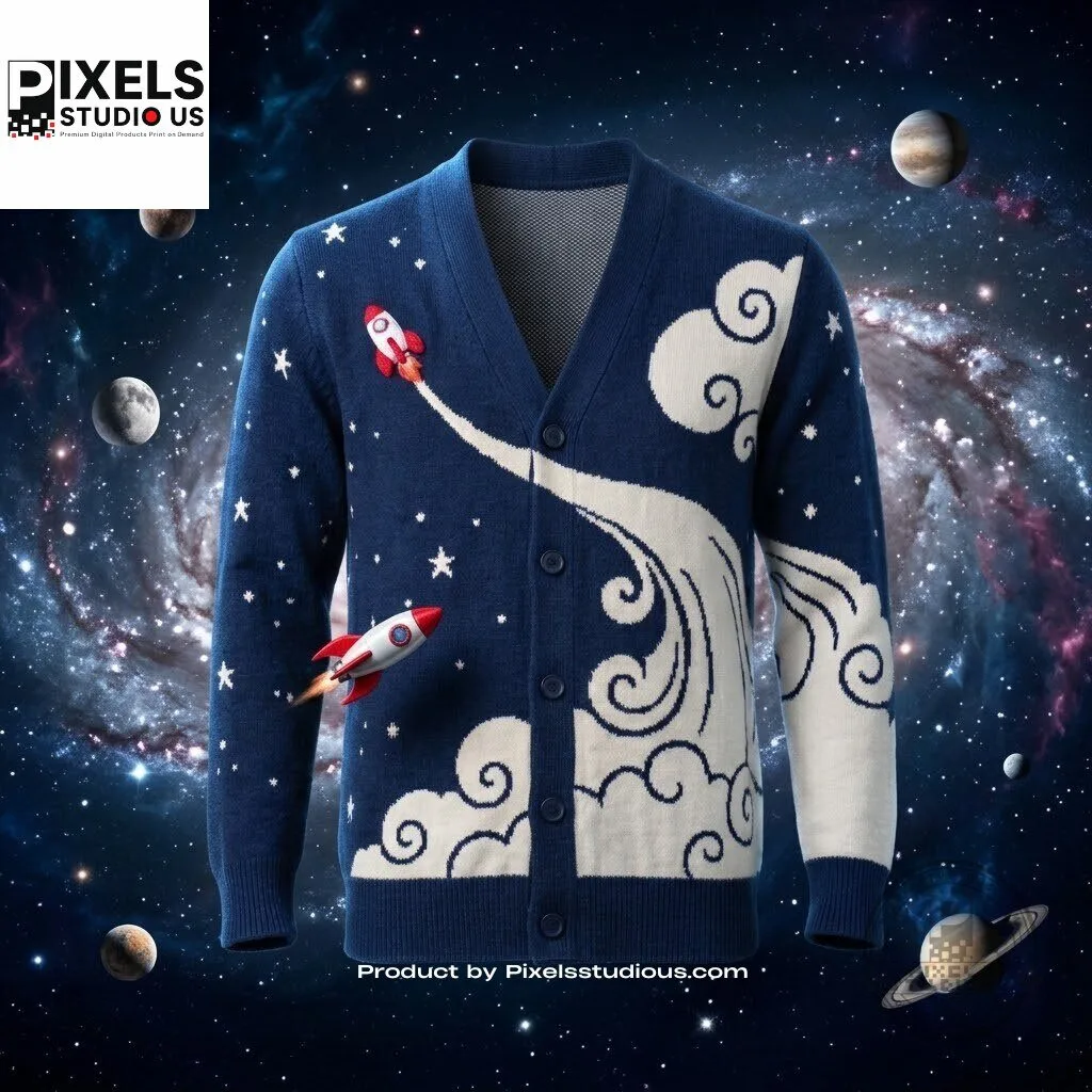 Rocket Ship Space-Themed Cardigan Sweater 5 Rocket Ship Space-Themed Cardigan Sweater 3D shirt or sports jersey with all-over print design