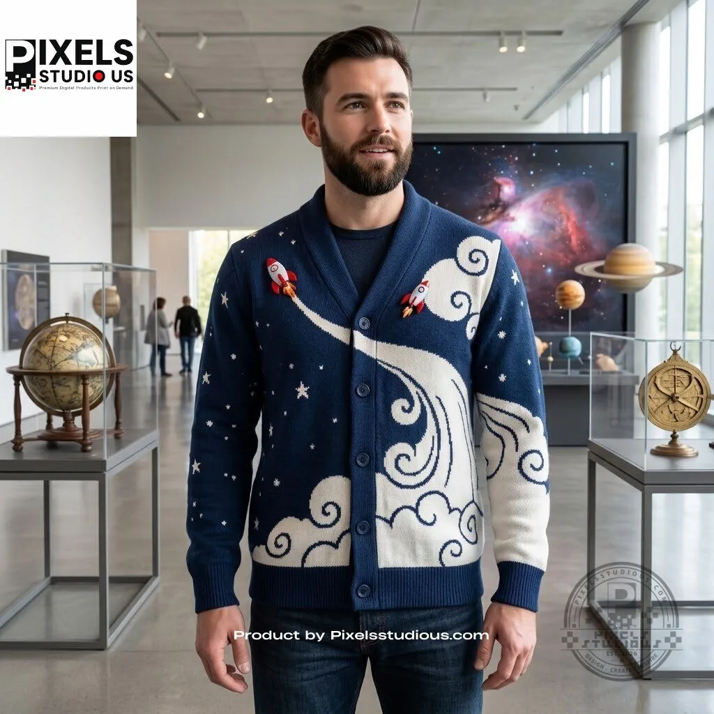 Rocket Ship Space-Themed Cardigan Sweater 6 Rocket Ship Space-Themed Cardigan Sweater 3D shirt or sports jersey with all-over print design