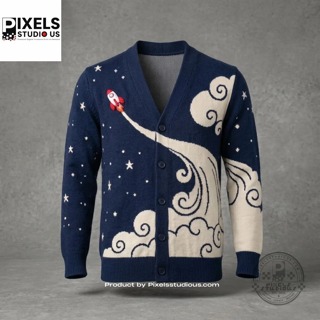 Rocket Ship Space-Themed Cardigan Sweater 7 Rocket Ship Space-Themed Cardigan Sweater 3D shirt or sports jersey with all-over print design