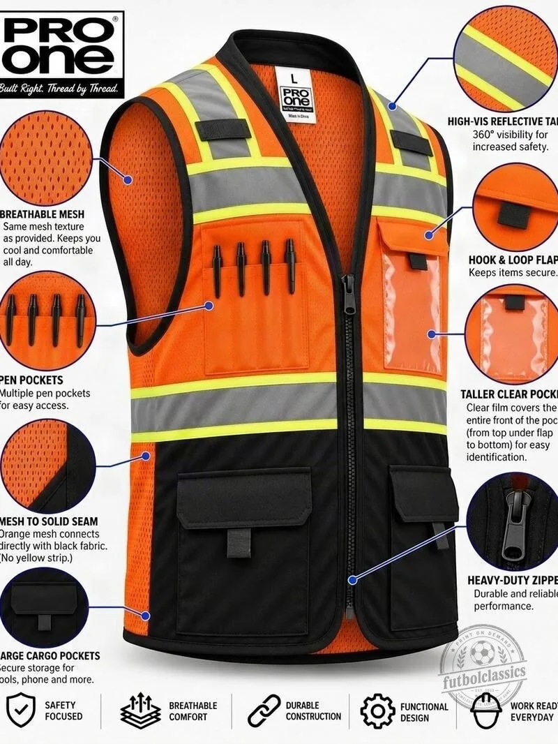 Pro One High-Visibility Reflective Safety Work Vest with Pockets 8 Pro One High-Visibility Reflective Safety Work Vest with Pockets