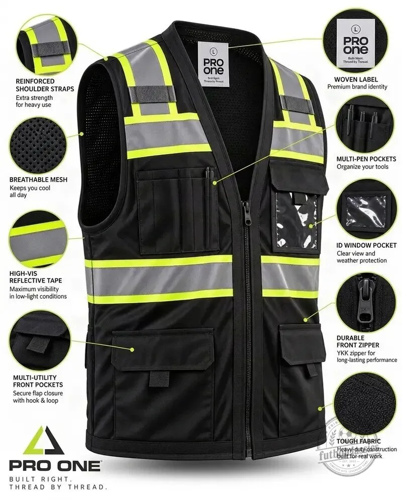 Pro One High-Visibility Reflective Safety Work Vest with Pockets 10 Pro One High-Visibility Reflective Safety Work Vest with Pockets