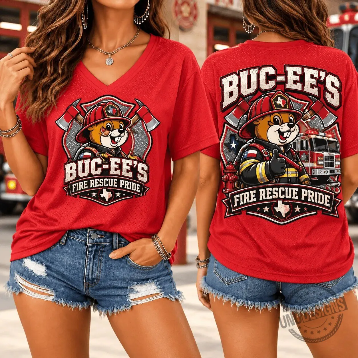 Buc-ee's Fire Rescue Pride Graphic V-Neck Short Sleeve T-Shirt