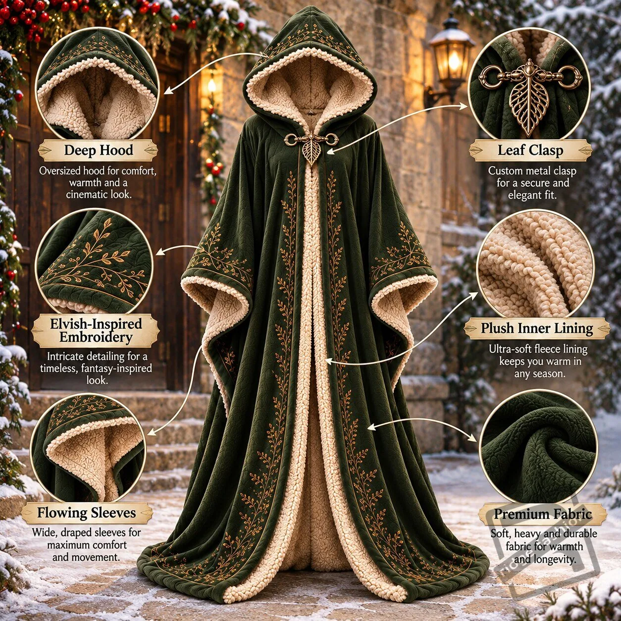 Medieval Forest Green Velvet Cloak Forest Green Velvet Cloak - Medieval Fantasy Garment – image 2 of 3