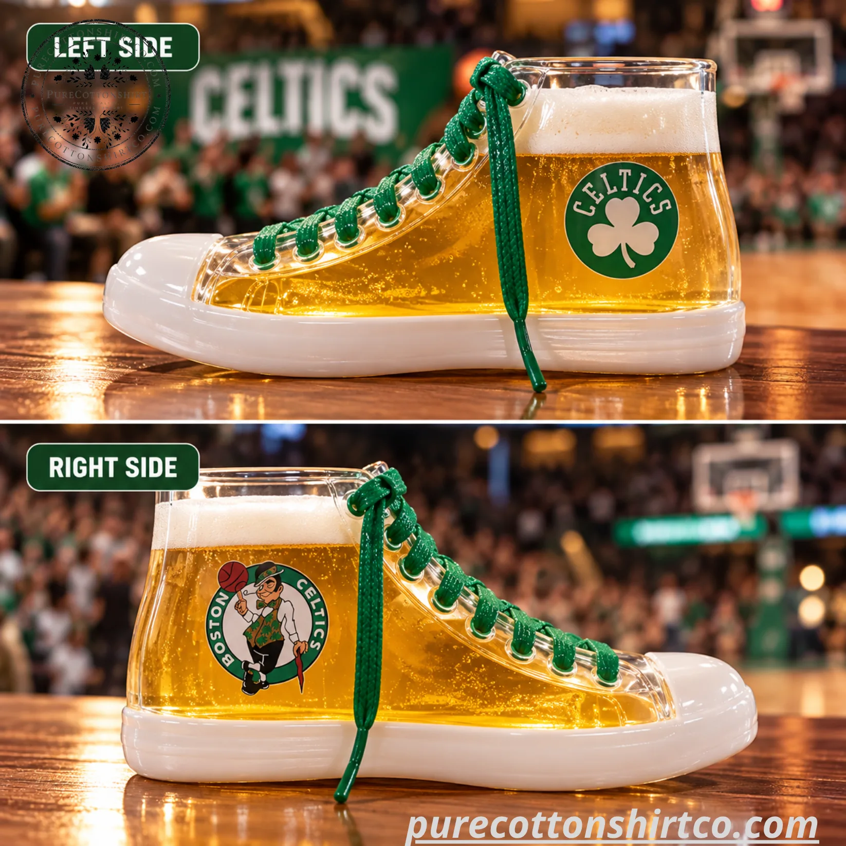 purecottonshirtco.com Boston Celtics Sneaker Shaped Glass Mug – High Top Shoe Drinking Glass