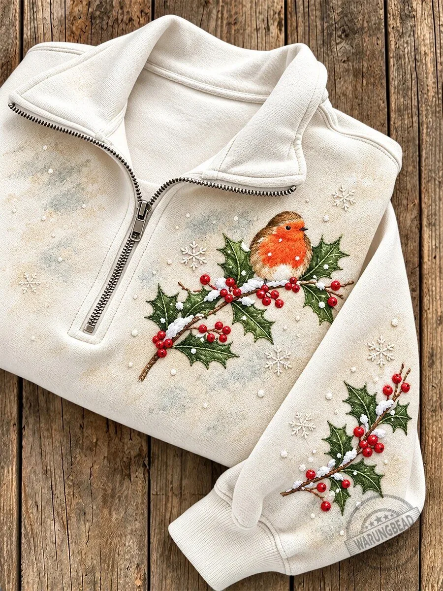 Festive Robin Bird and Holly Berry Christmas Quarter Zip Sweatshirt for Women