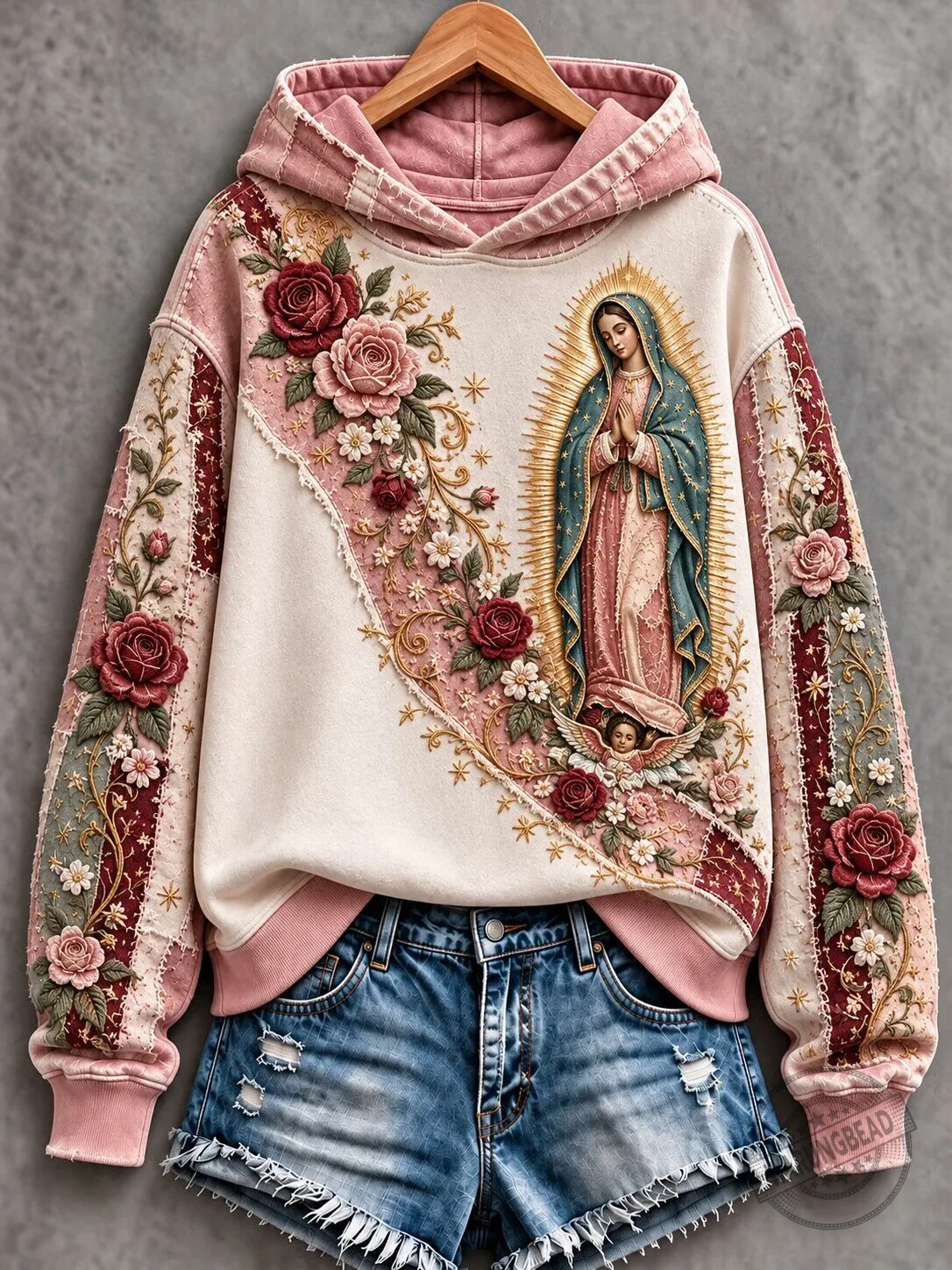 Our Lady of Guadalupe Virgin Mary Floral Embroidered Religious Hoodie