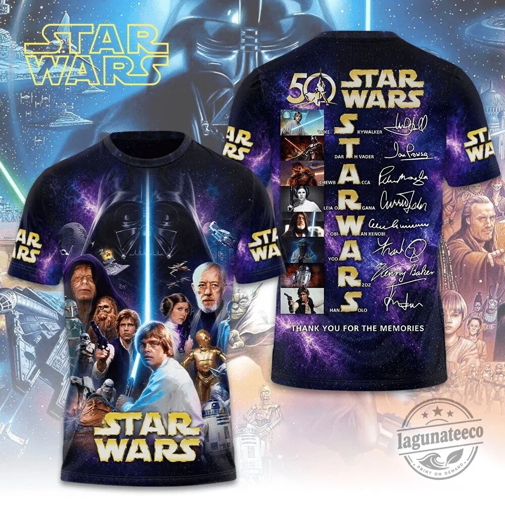 Star Wars 50th Anniversary Characters Signatures Black T-Shirt 1 Star Wars 50th Anniversary Characters Signatures Black T-Shirt